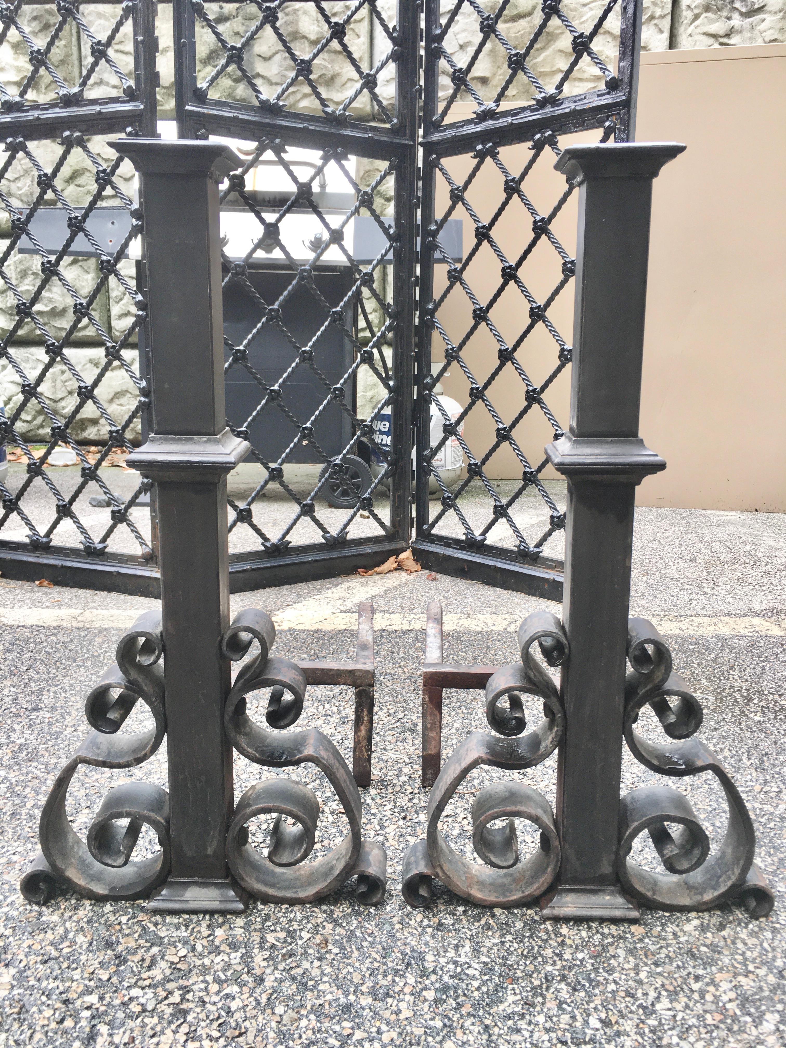 Antique Pair of Cast and Wrought Iron Andirons In Good Condition In Hanover, MA