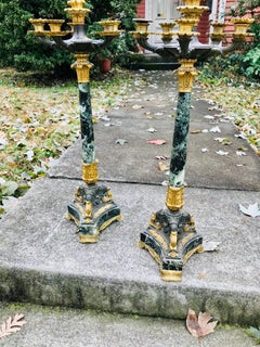 Tall Heavy Pair of Charles X Verdi Antico Marble and Gilt Bronze Candelabras