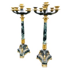 Tall Heavy Pair of Charles X Verdi Antico Marble and Gilt Bronze Candelabras