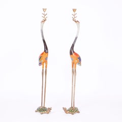 Tall Pair of Chinese Cloisonné Cranes or Bird Candle Stands