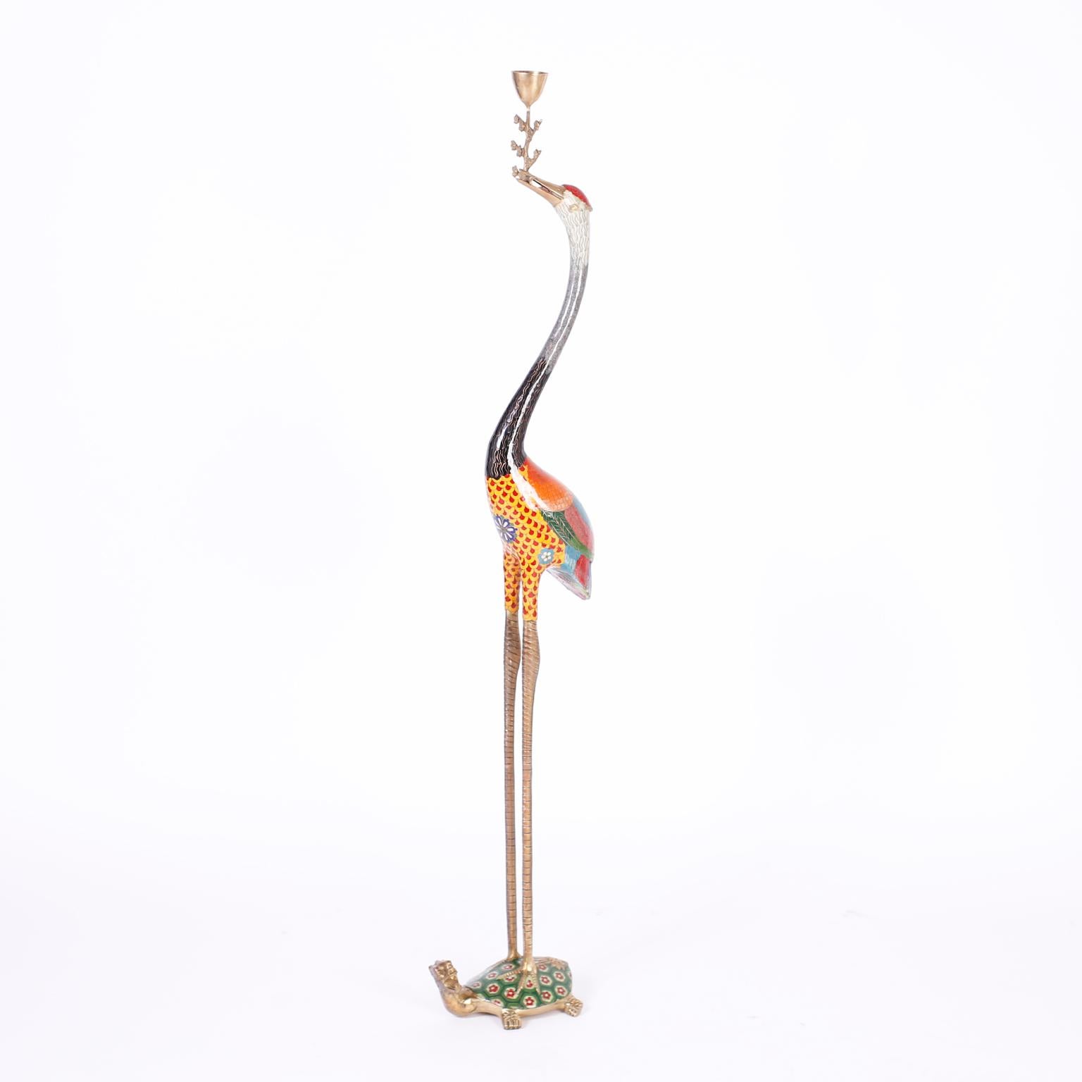 Chinoiserie Tall Pair of Chinese Cloisonné Cranes or Bird Candle Stands