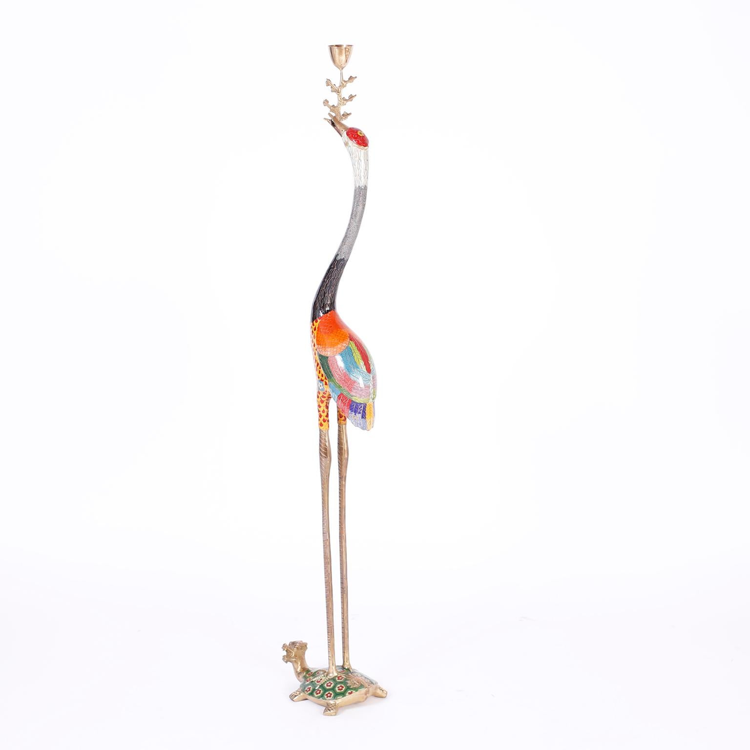 Cloissoné Tall Pair of Chinese Cloisonné Cranes or Bird Candle Stands