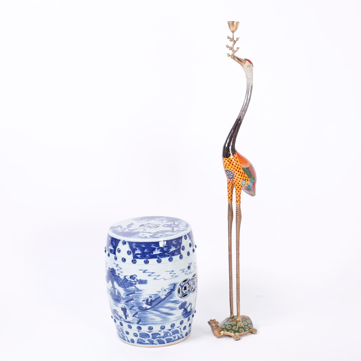 Tall Pair of Chinese Cloisonné Cranes or Bird Candle Stands 2