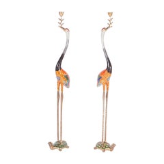 Tall Pair of Chinese Cloisonné Cranes or Bird Candle Stands