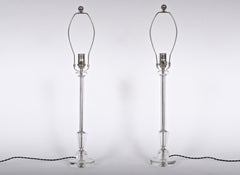 Pair Crystal Clear Candlestick Table Lamps with Crystal Ball Bases, 1940's