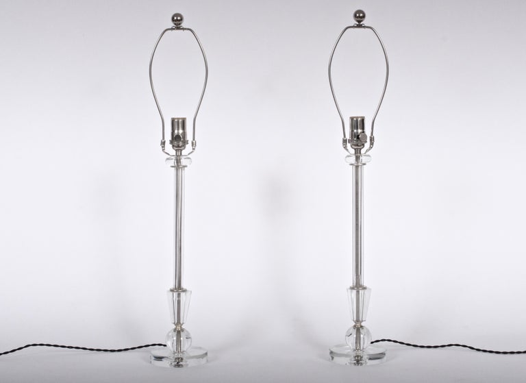 Tall Pair of 1940's Crystal Candlestick Bedside Lamps with Crystal Ball