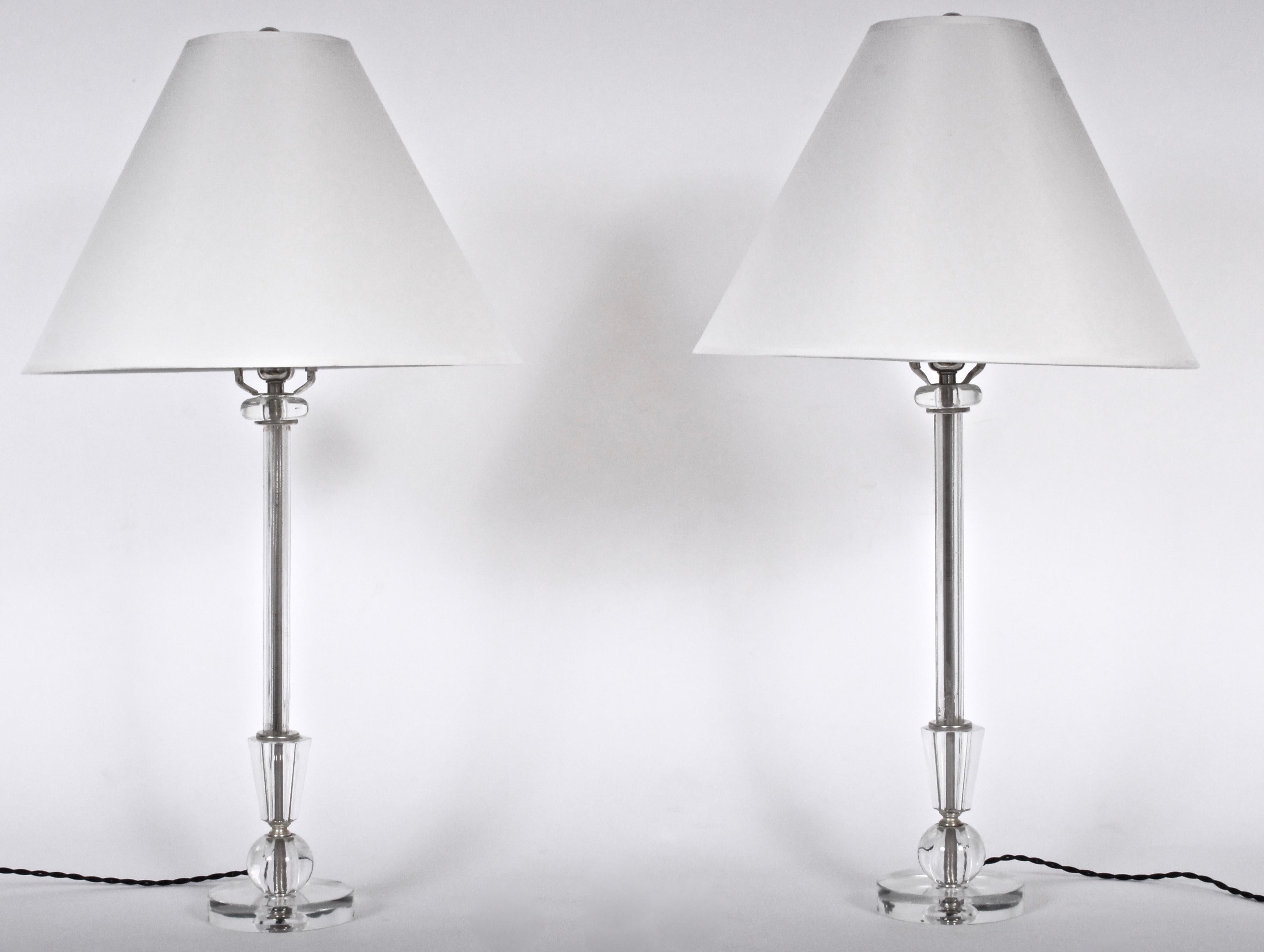 Plated Pair Crystal Clear Candlestick Table Lamps with Crystal Ball Bases, 1940's 