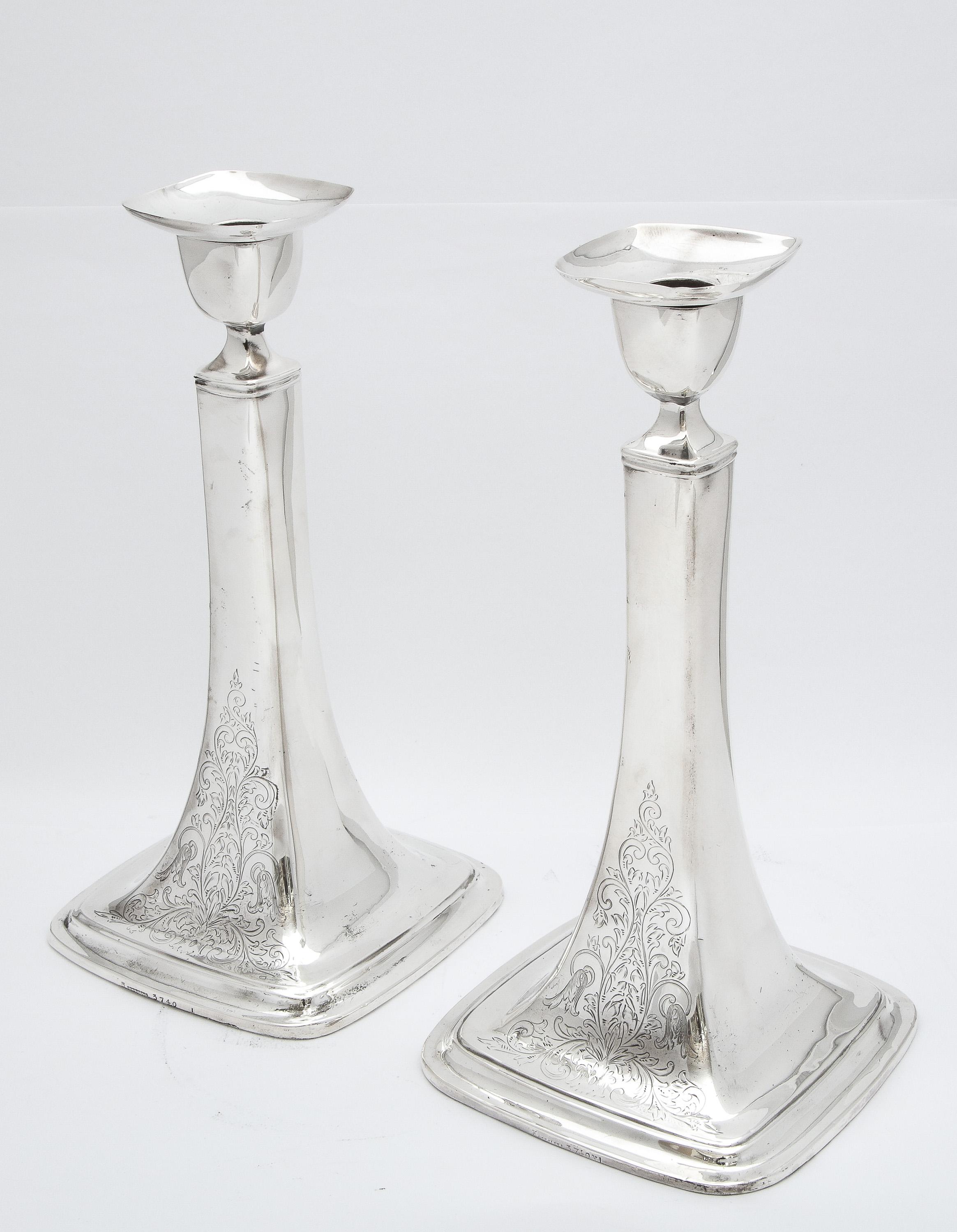 Early 20th Century Tall Pair of Edwardian Period Sterling Silver Candlesticks