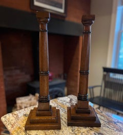Tall Pair of English Stepped Column Candlesticks in Turned Wood, 20th Century