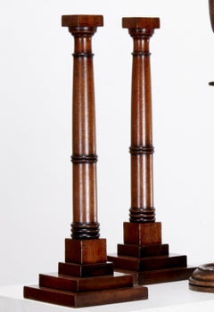 Tall Pair of English Stepped Column Candlesticks in Turned Wood, 20th Century