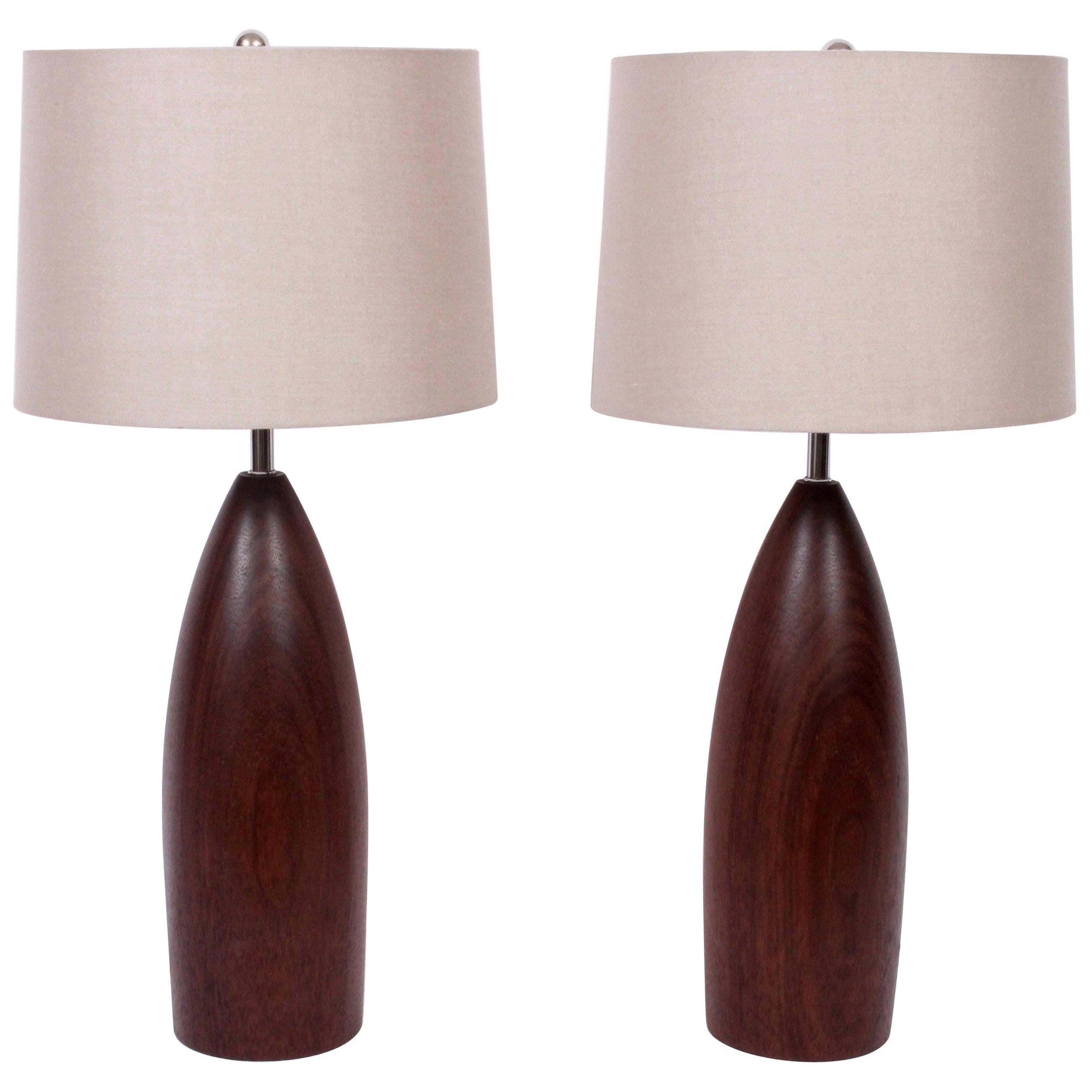 Tall Pair of ESA Danish Modern Dark Solid Teak Table Lamps, c. 1960