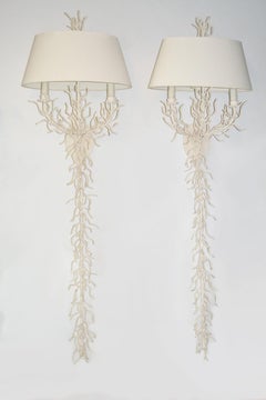 Pair of Tall White Faux Coral Wall Sconces with Shades, Miami Modern, USA, 1980s