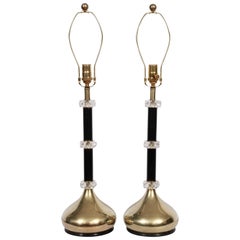Tall Pair of Frederick Cooper Style Stacked Brass, Black & Crystal Table Lamps