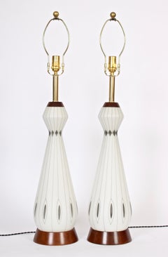 Substantial Pair of White Glass Table Lamps with Sterling Silver Overlay, 1950's