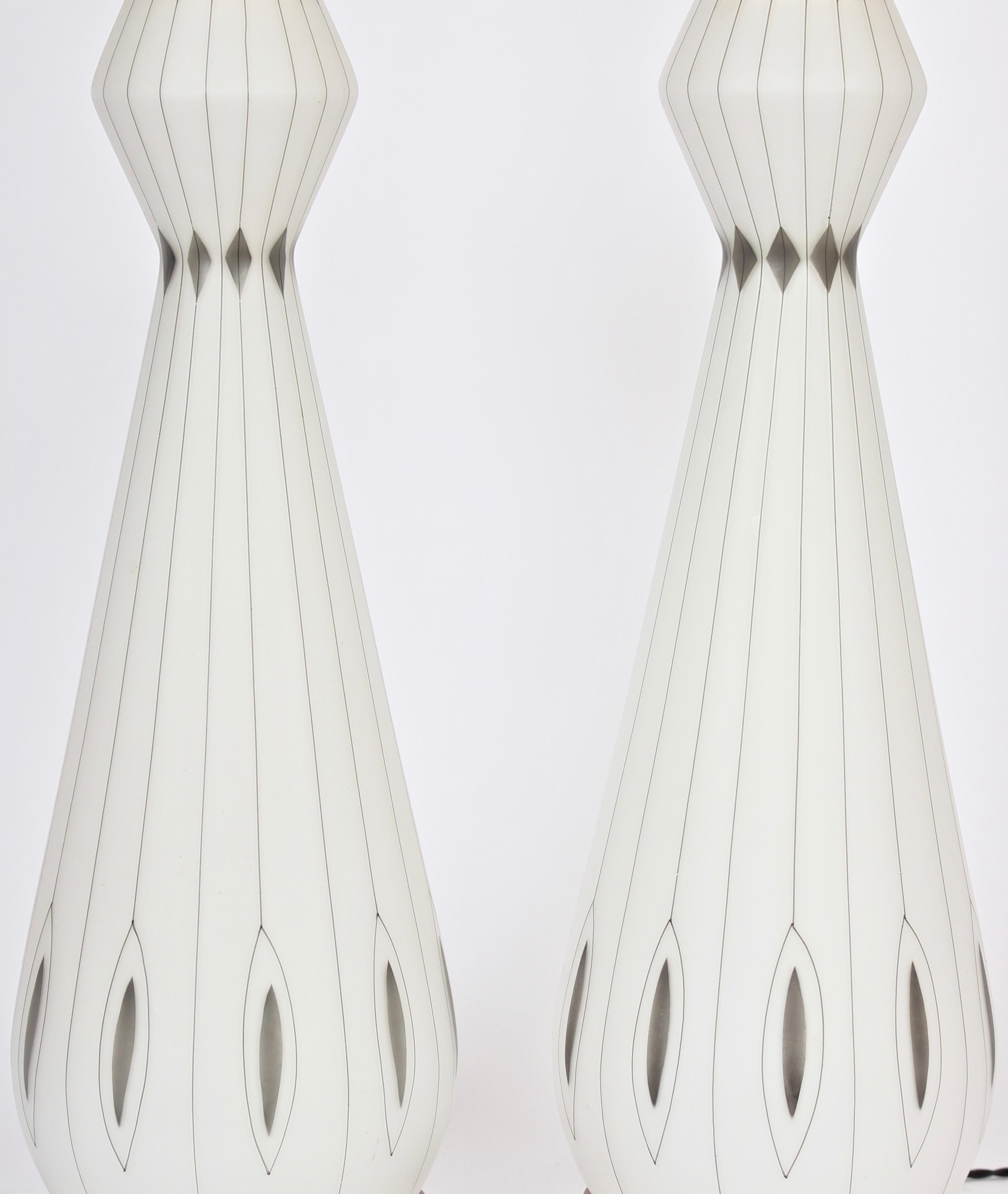 20th Century Substantial Pair of White Glass with Sterling Silver Overlay Table Lamps, 1950's For Sale
