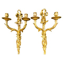 Tall Pair of Gilt Bronze Dore Louis XVI Style Wall Sconces