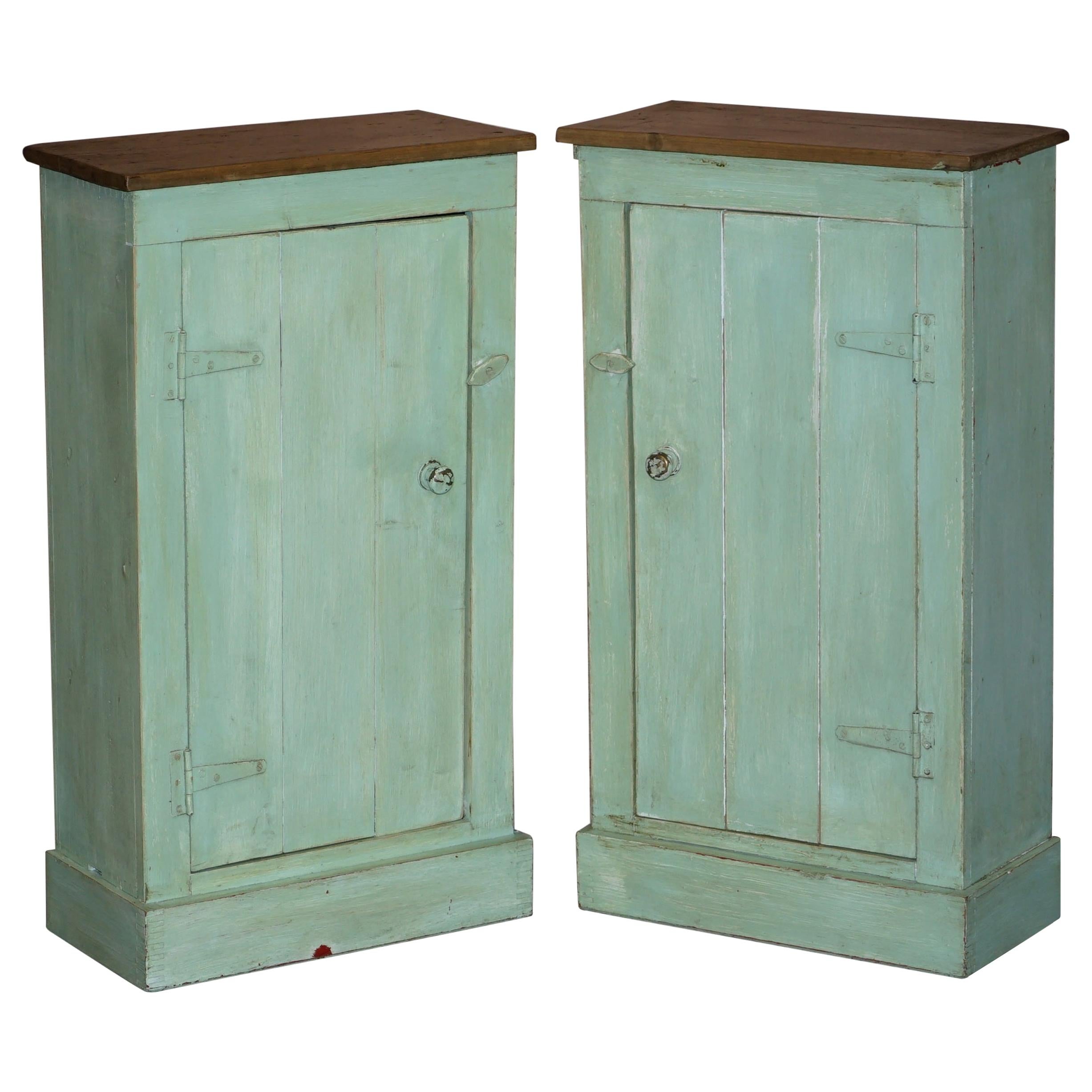 Tall Pair of Hand Painted Pine Side Lamp Table Display Cupboards Original Patina For Sale