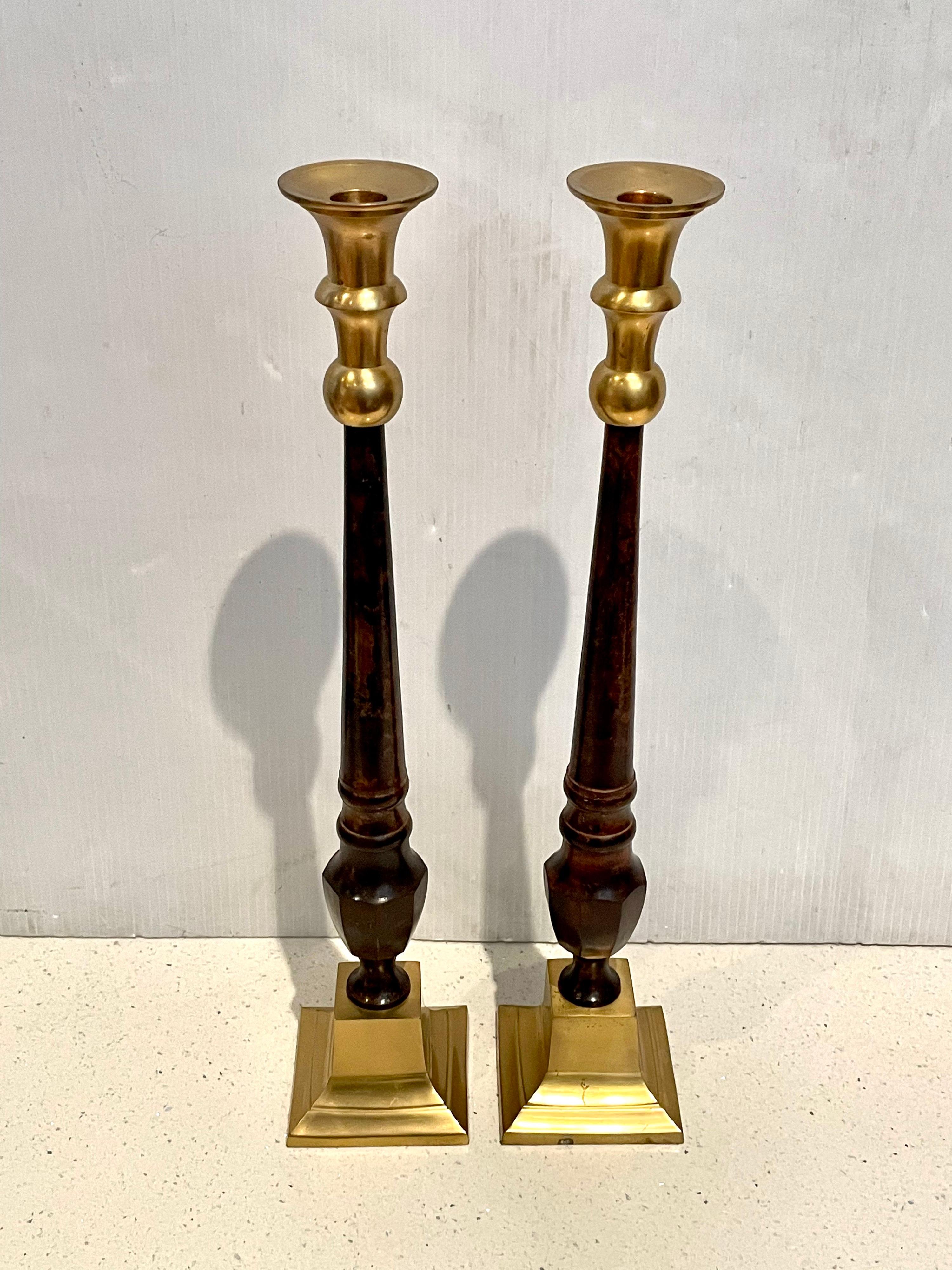 North American Tall Pair of Hollywood Regency Brass & Faux Marble Candle Holders