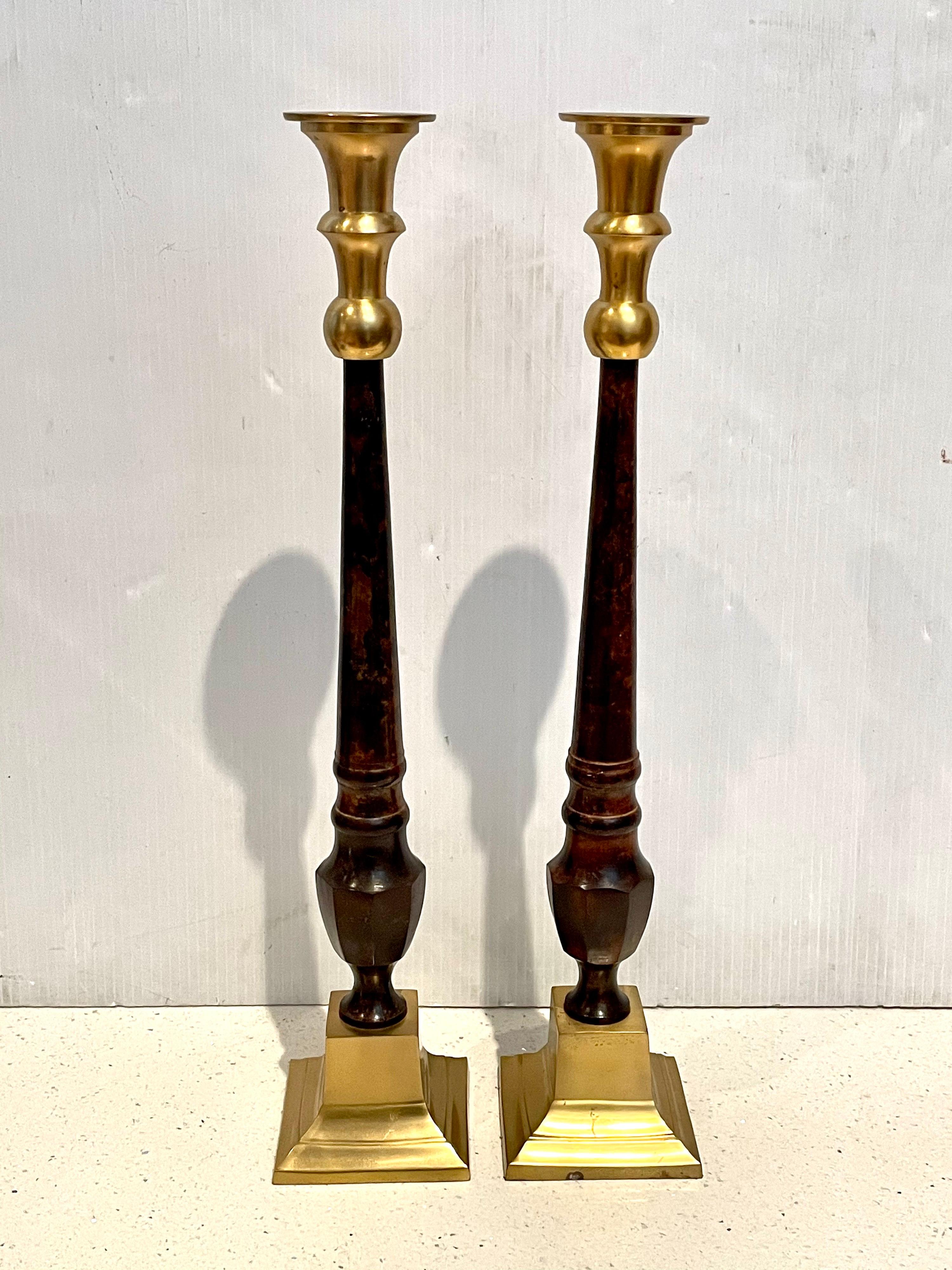 Tall Pair of Hollywood Regency Brass & Faux Marble Candle Holders In Excellent Condition In San Diego, CA