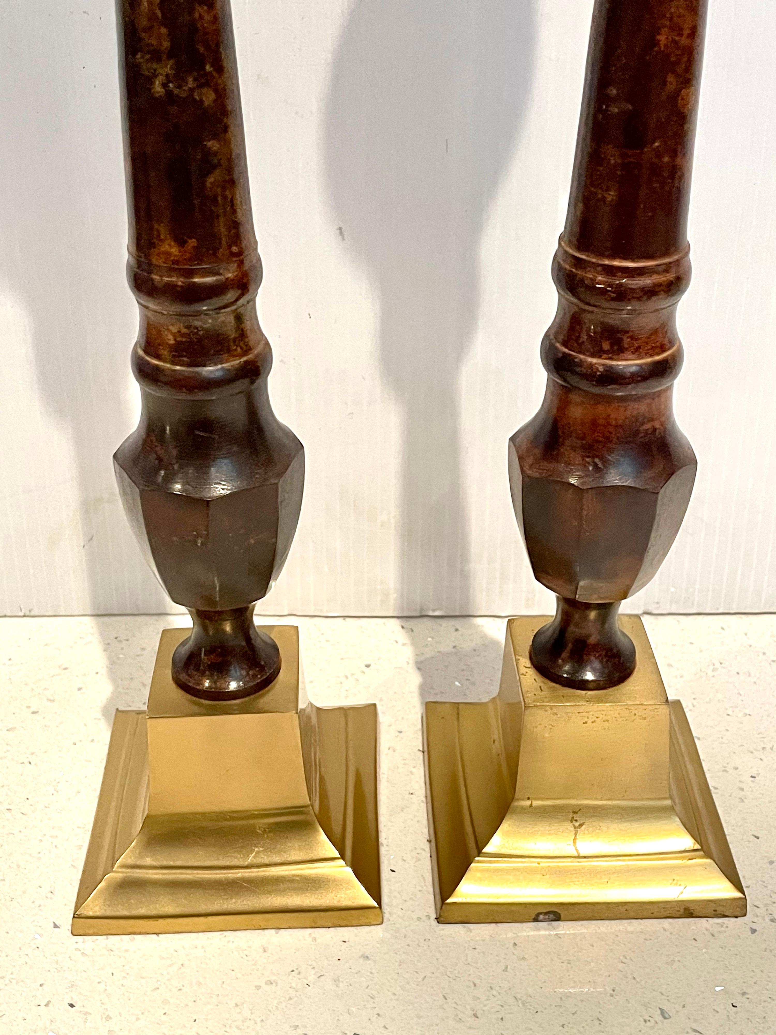 20th Century Tall Pair of Hollywood Regency Brass & Faux Marble Candle Holders