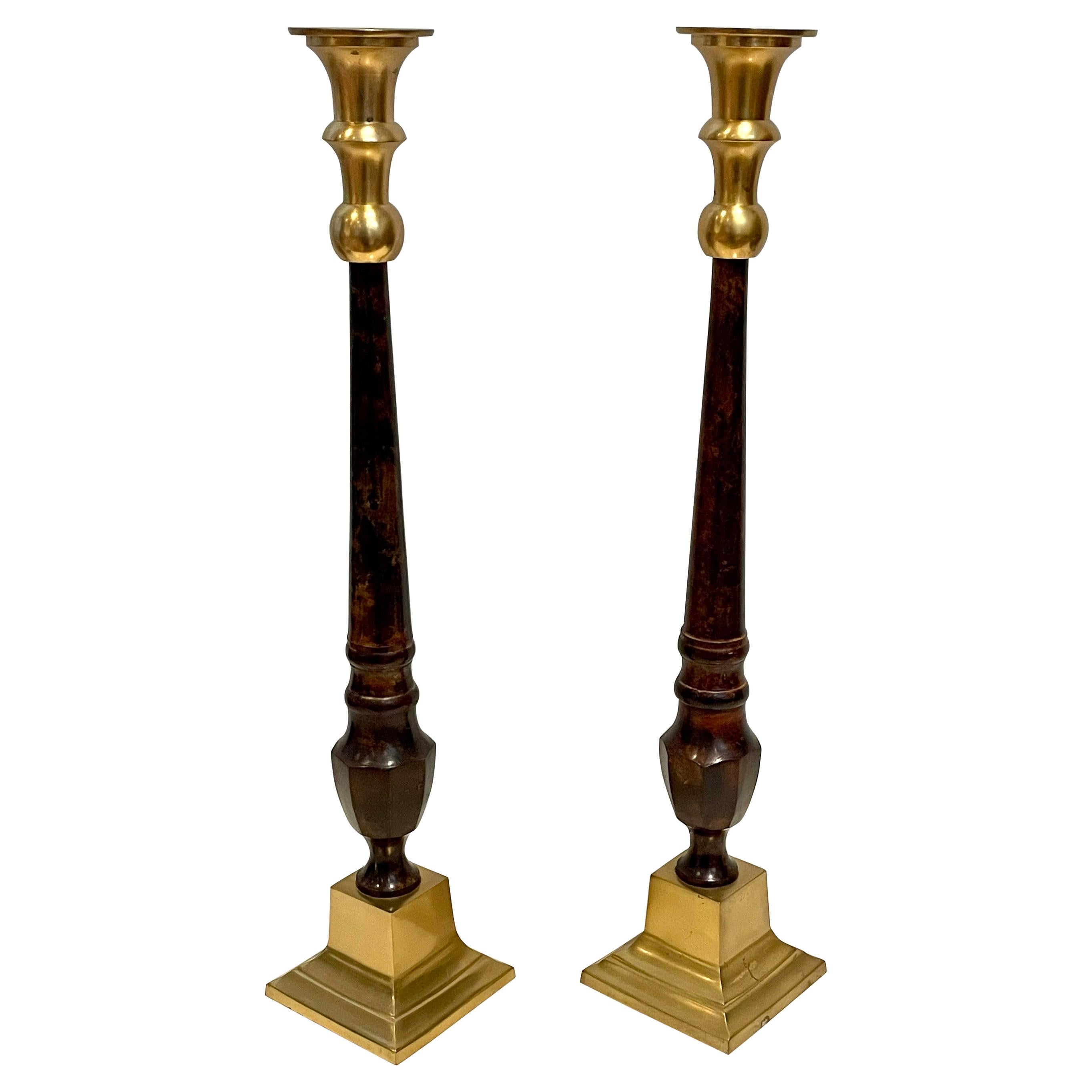 Tall Pair of Hollywood Regency Brass & Faux Marble Candle Holders