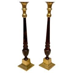Vintage Tall Pair of Hollywood Regency Brass & Faux Marble Candle Holders