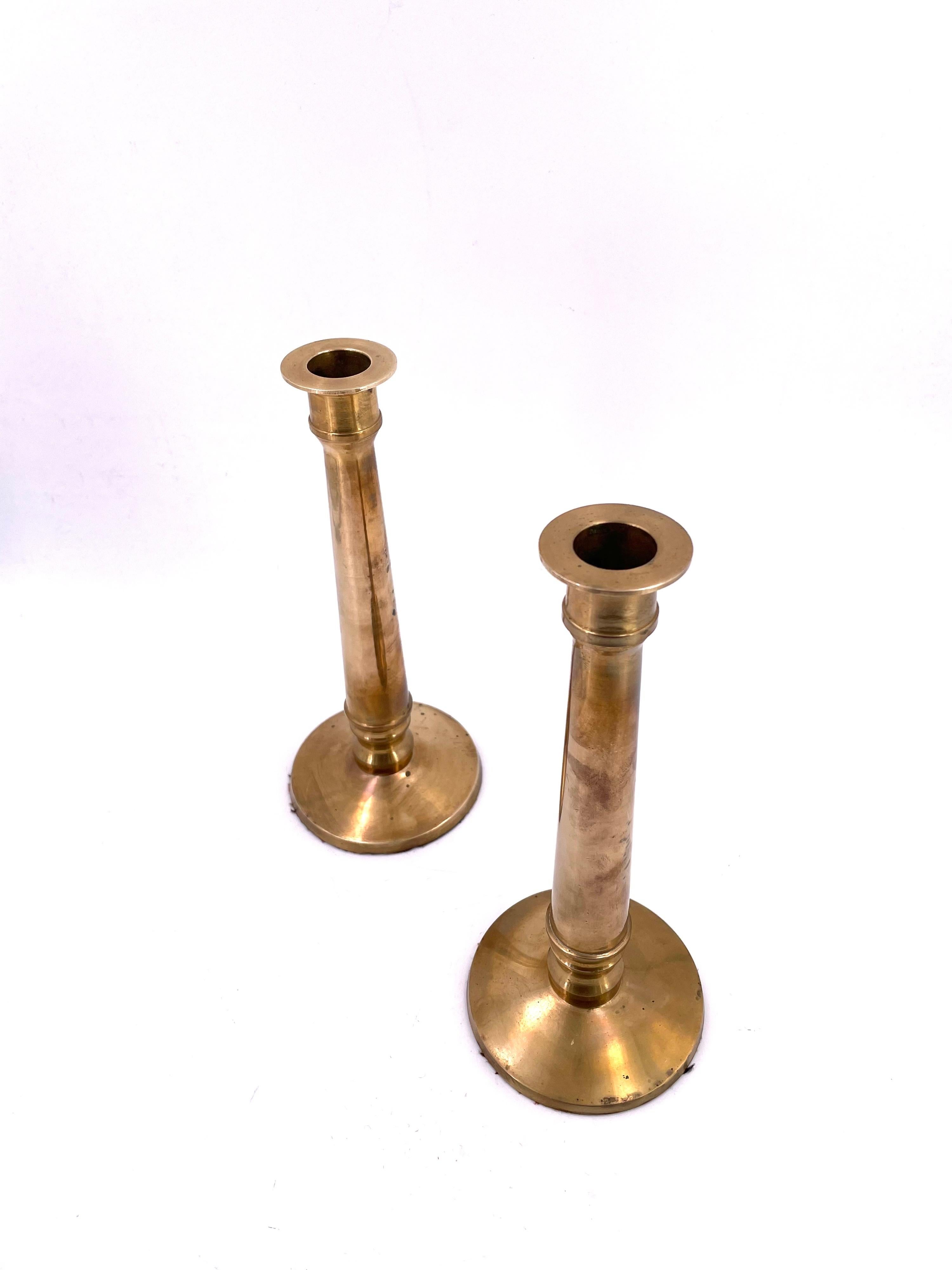 North American Tall Pair of Hollywood Regency Solid Brass Candle Holders by Ralph Lauren