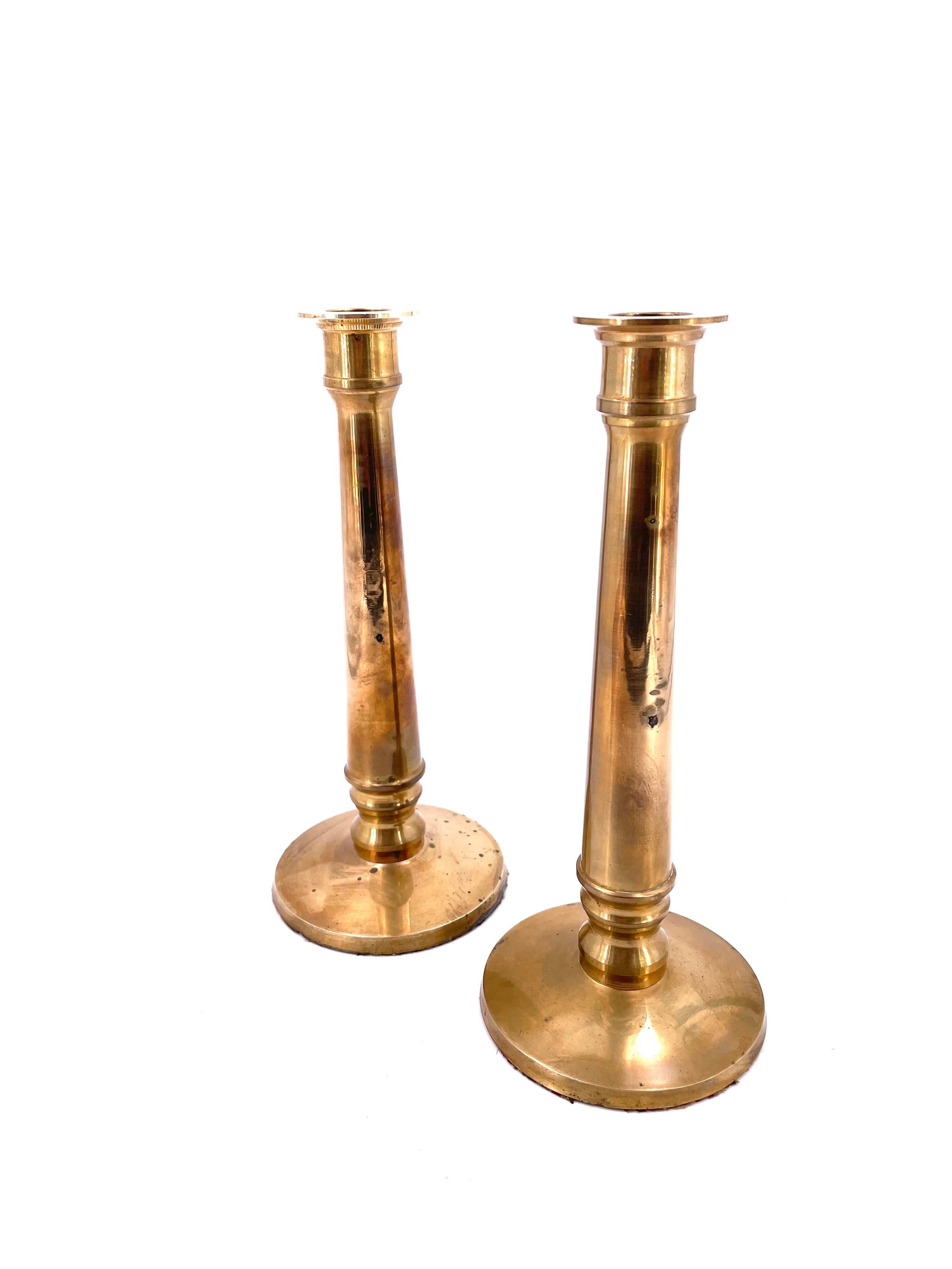 Tall Pair of Hollywood Regency Solid Brass Candle Holders by Ralph Lauren In Good Condition In San Diego, CA