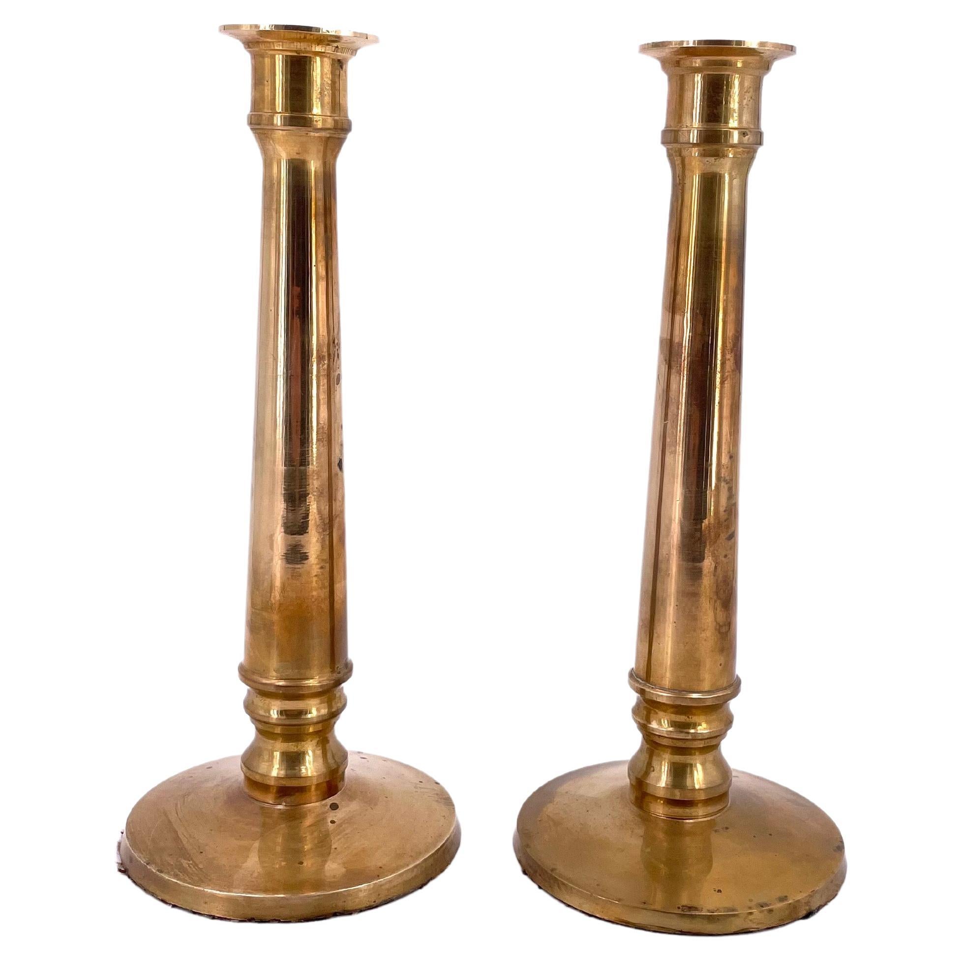Tall Pair of Hollywood Regency Solid Brass Candle Holders by Ralph Lauren