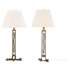 Tall pair of Italian bronze and enamel brutalist style table lamps