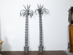 Tall Pair of Italian Midcentury Tôle Palm Tree Sculptures in Tapering Pots
