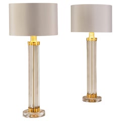 Großes Paar italienischer Murano-Säulenlampen aus klarem Glas und Messing