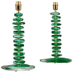 Tall Pair of Italian Murano Green Glass 'Pebble' Lamps