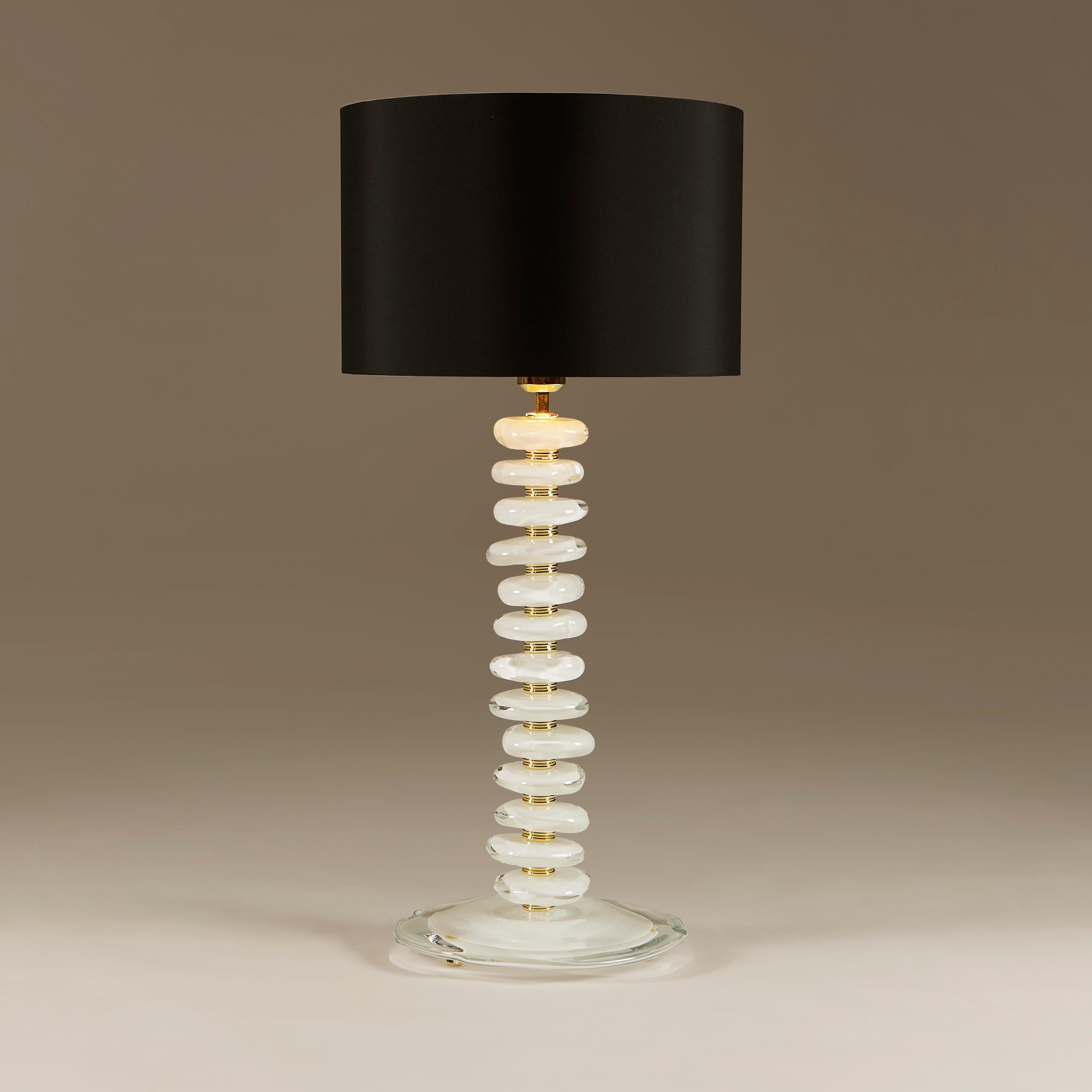 Murano Glass Pair of Italian Murano white and clear pebble Lamps with brass detail For Sale