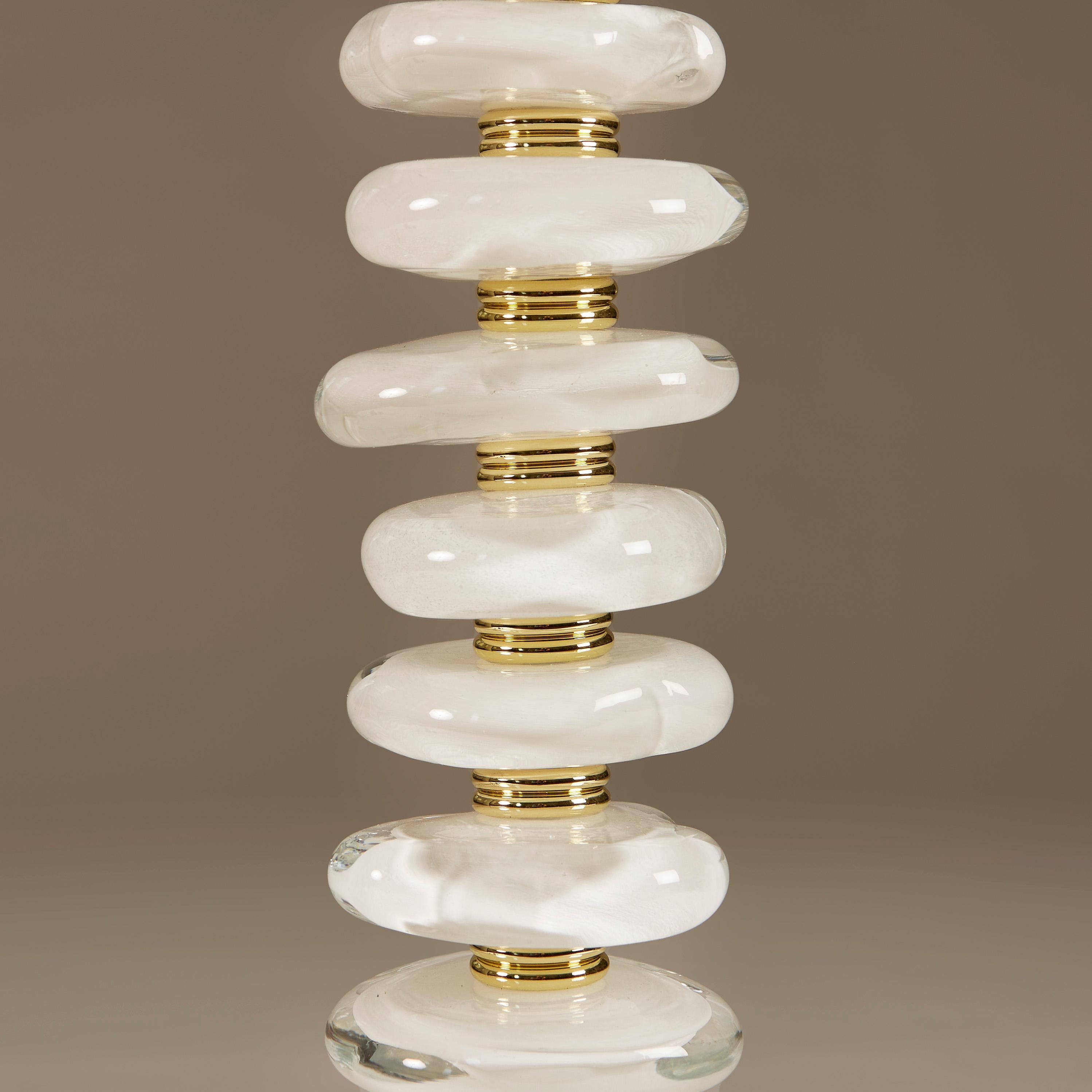 Pair of Italian Murano white and clear pebble Lamps with brass detail For Sale 2