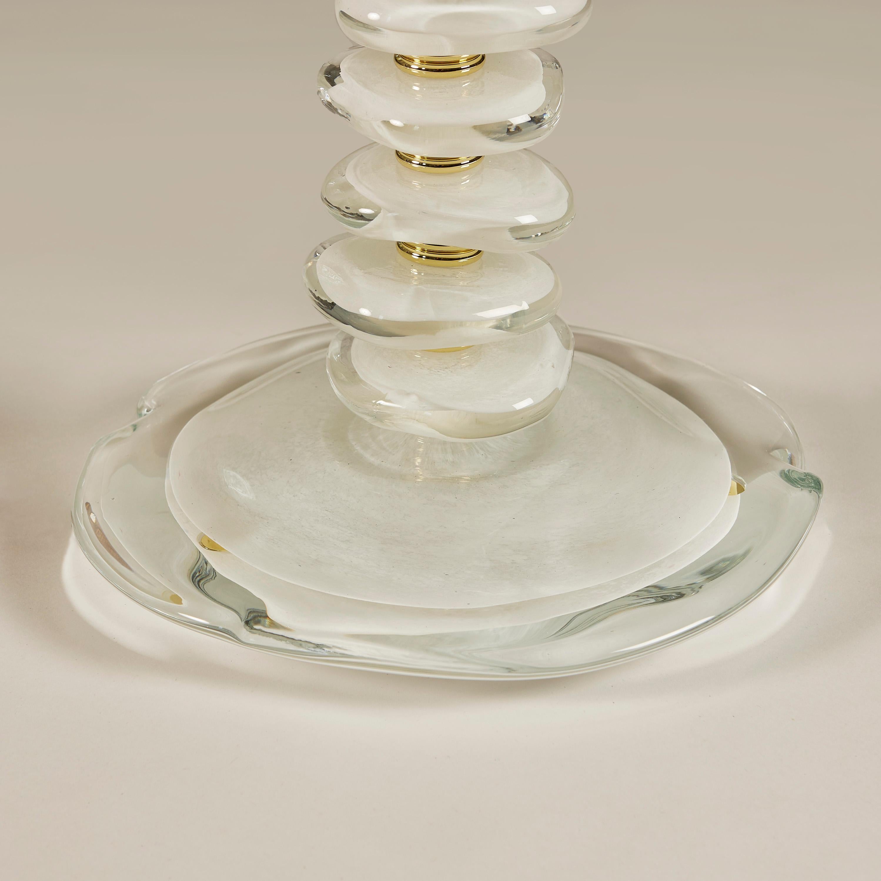 Pair of Italian Murano white and clear pebble Lamps with brass detail For Sale 3