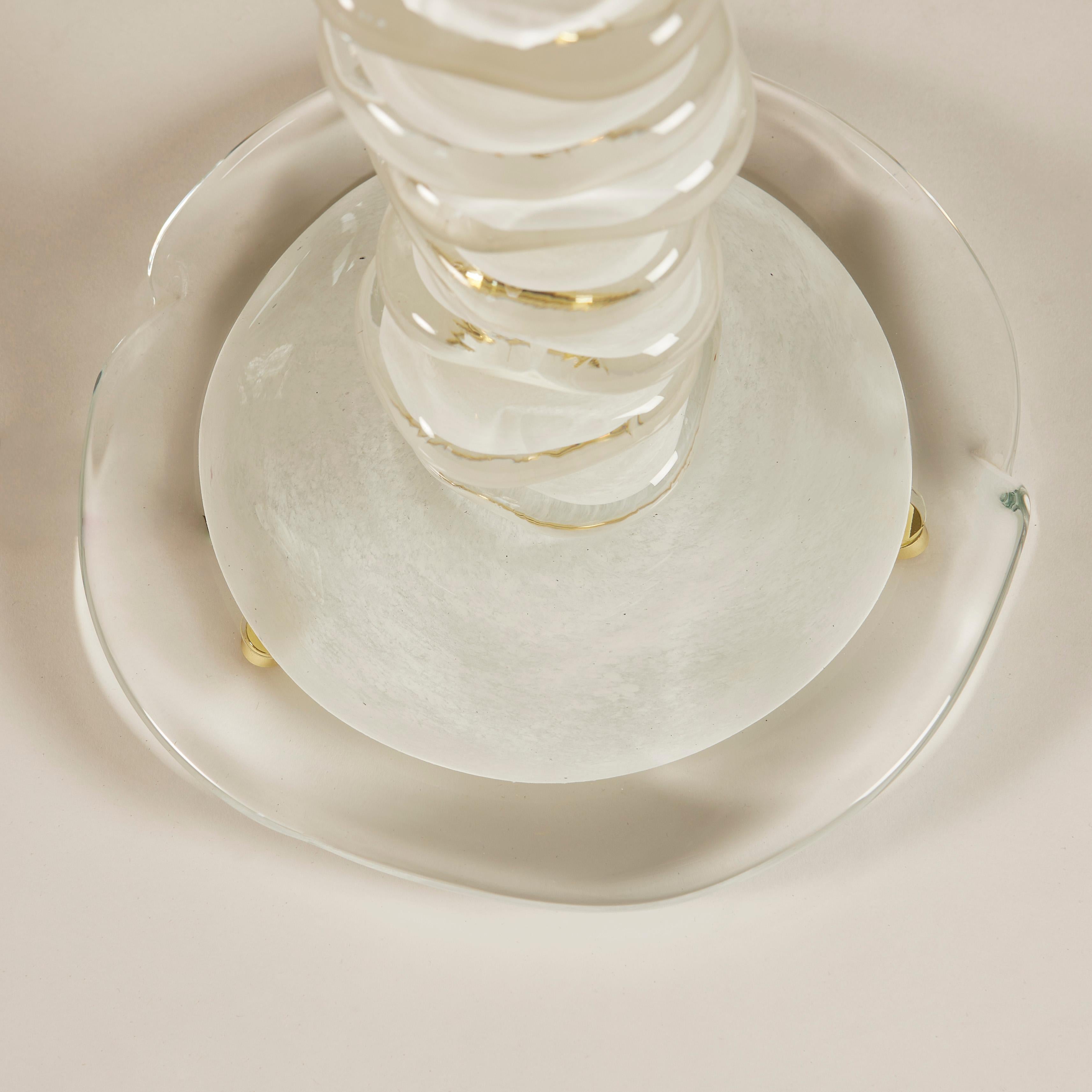 Pair of Italian Murano white and clear pebble Lamps with brass detail For Sale 5