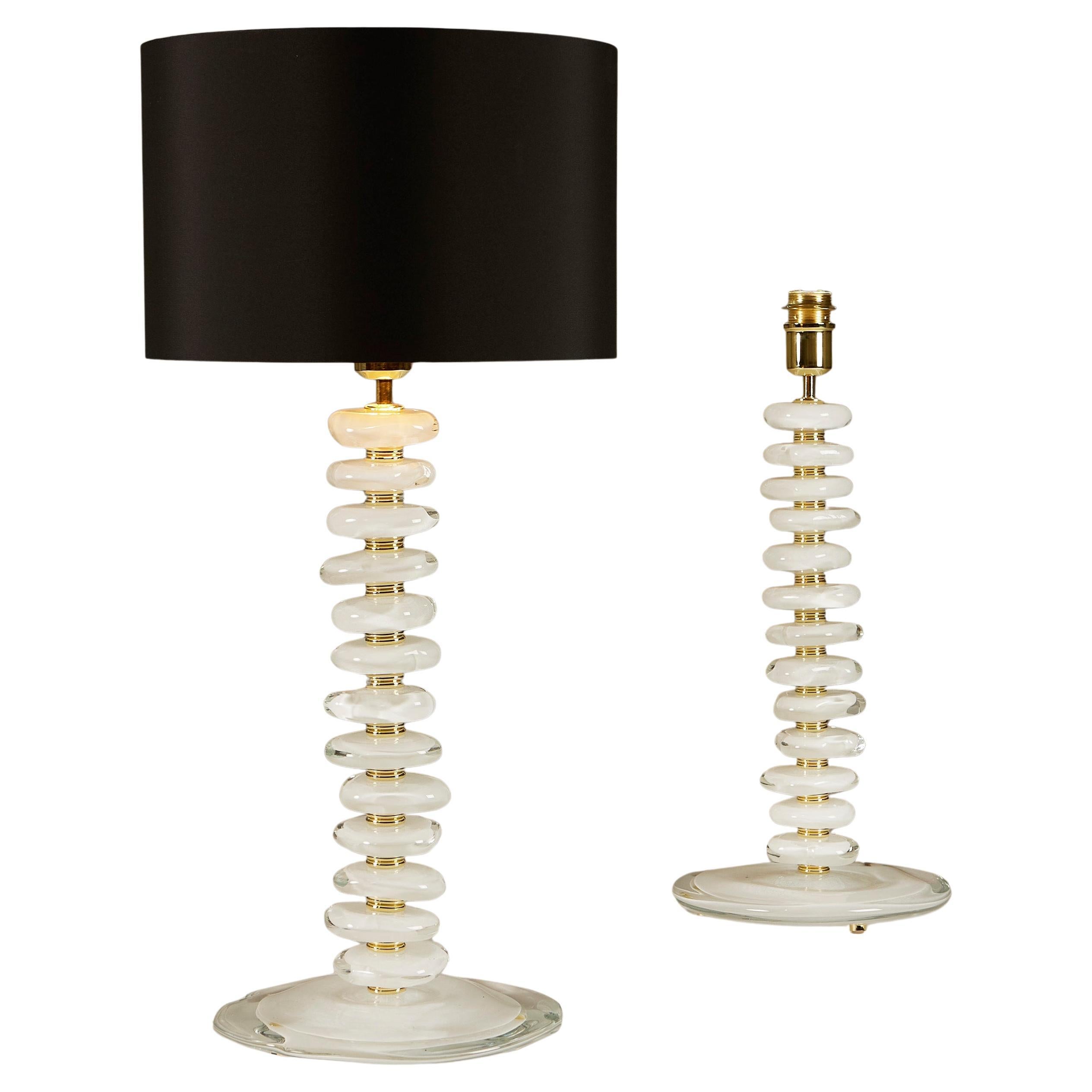 Tall Pair of Italian Murano white and clear Glass 'Pebble' Lamps