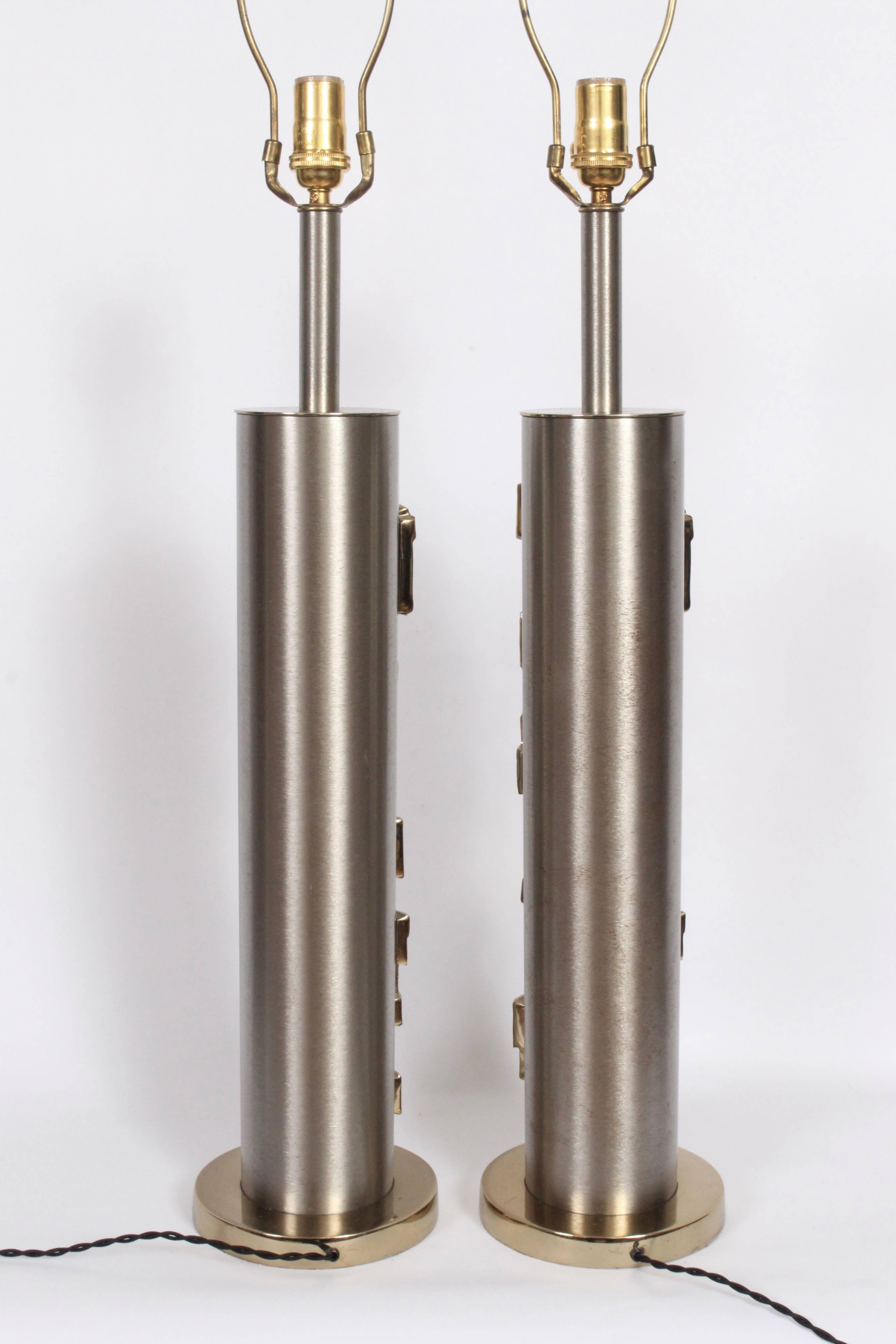American Tall Pair of Laurel Lamp Co. Brushed Steel & Brass Relief Brutalist Table Lamps