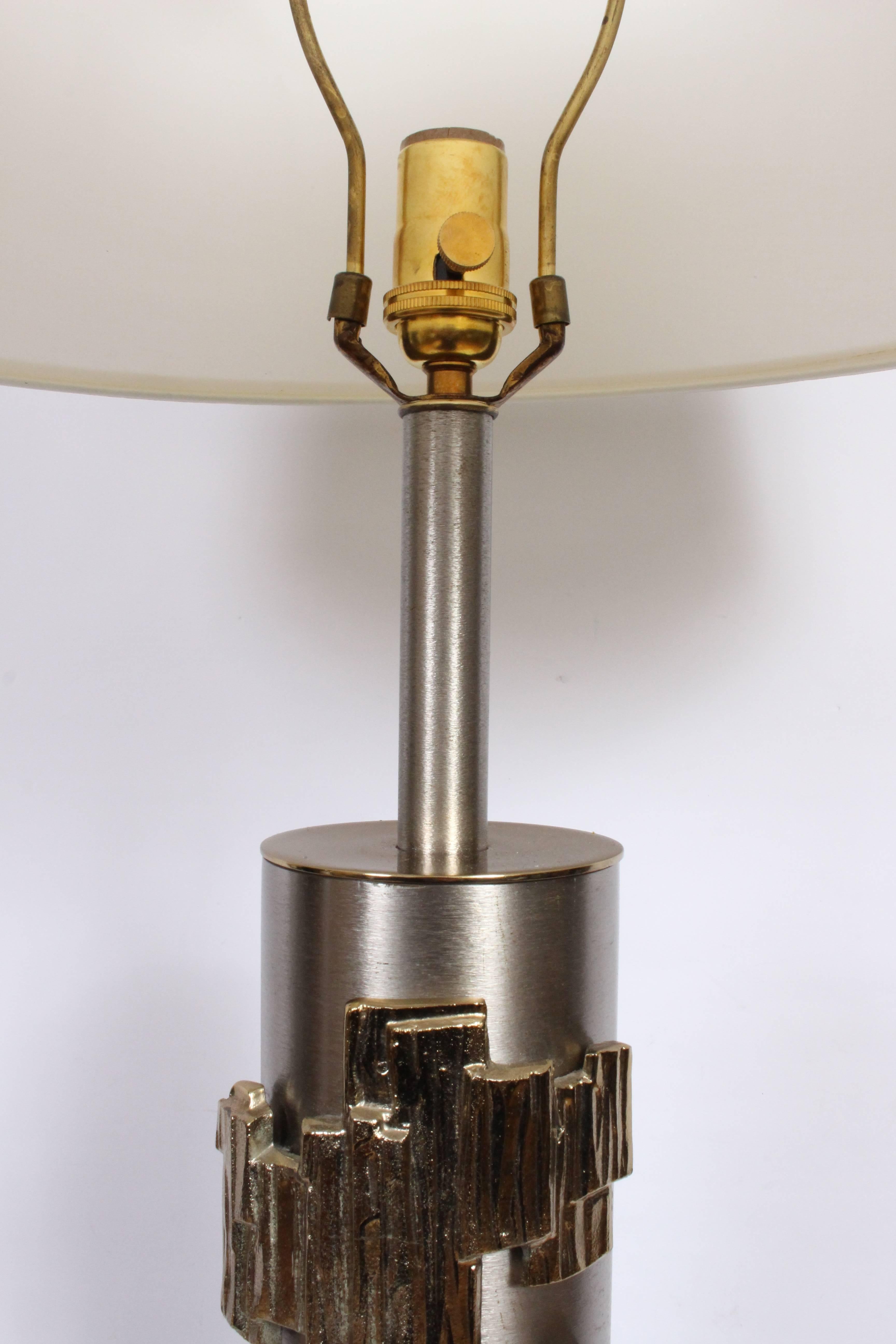 Tall Pair of Laurel Lamp Co. Brushed Steel & Brass Relief Brutalist Table Lamps 1