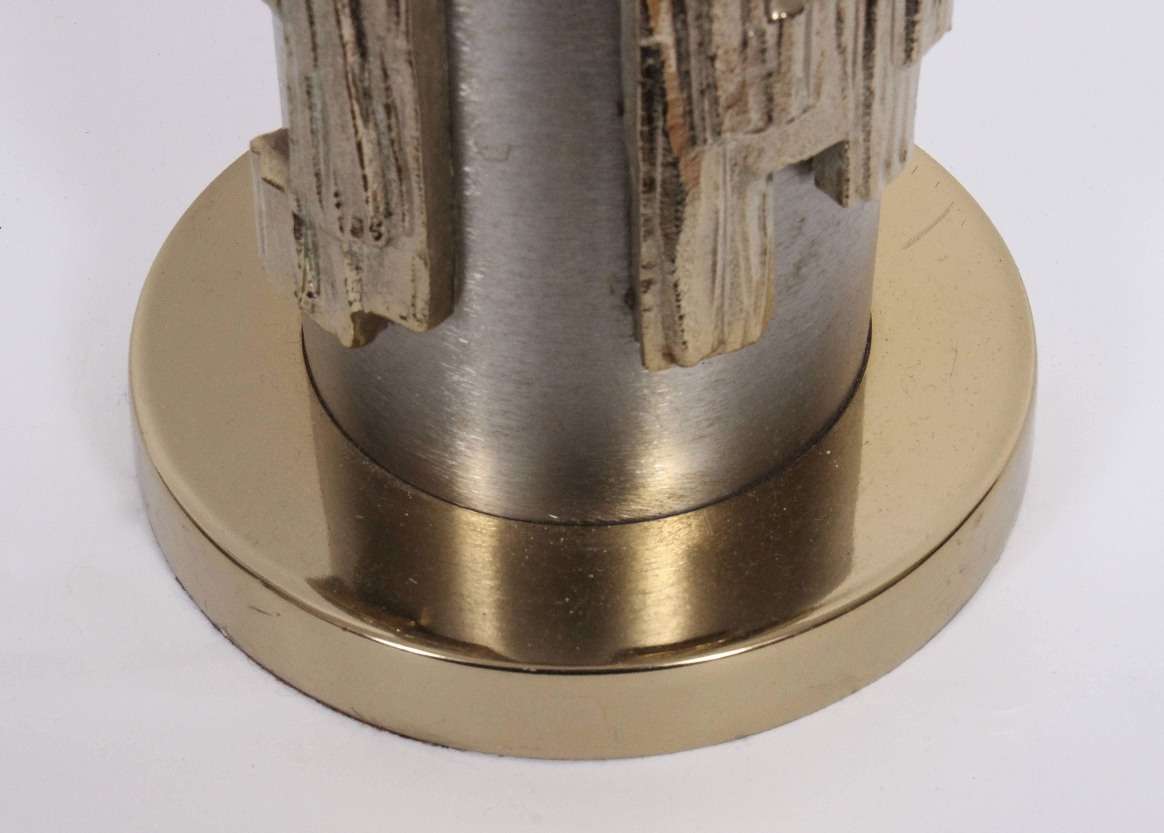 Tall Pair of Laurel Lamp Co. Brushed Steel & Brass Relief Brutalist Table Lamps 3