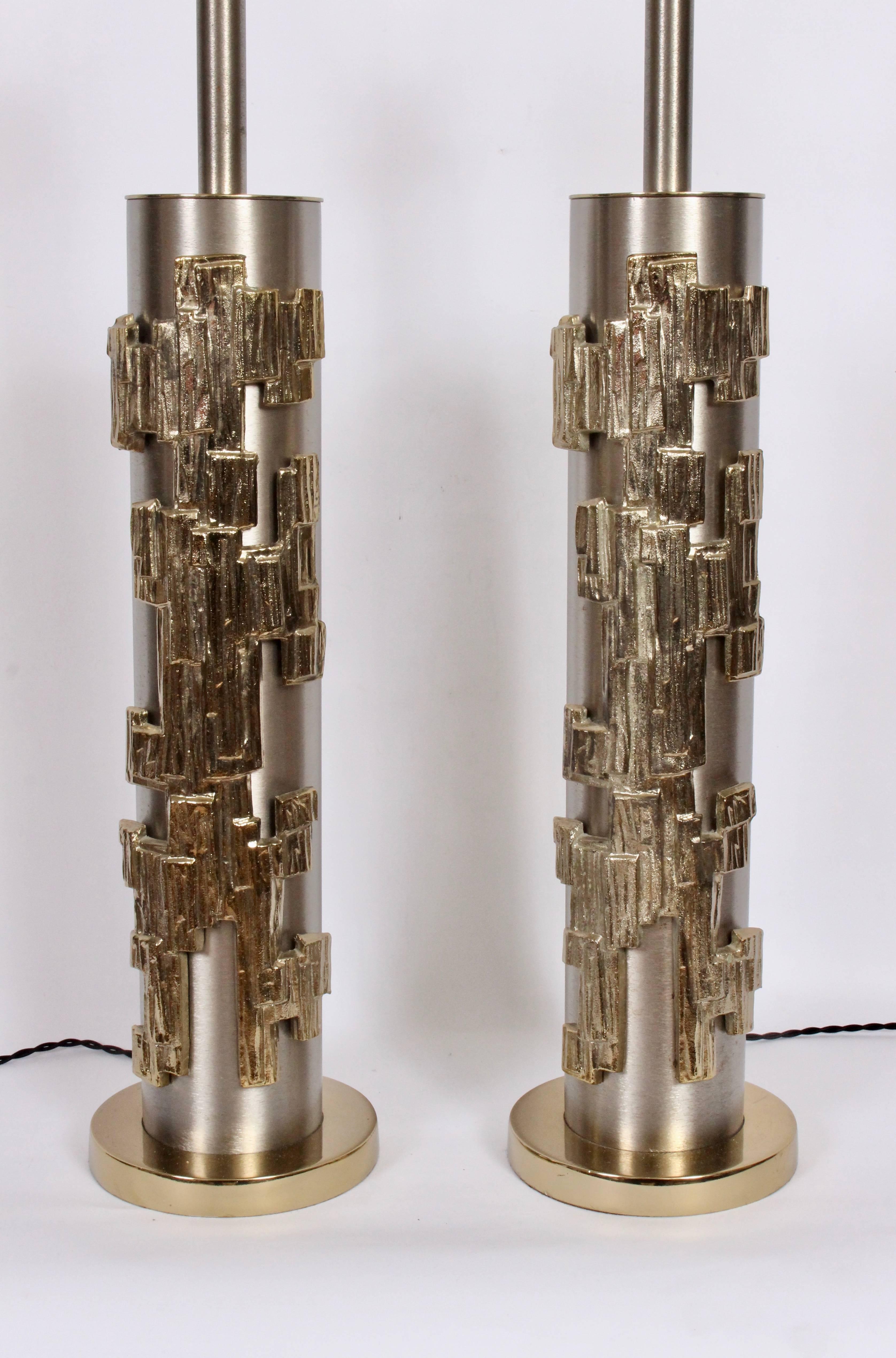 Tall Pair of Laurel Lamp Co. Brushed Steel & Brass Relief Brutalist Table Lamps 4