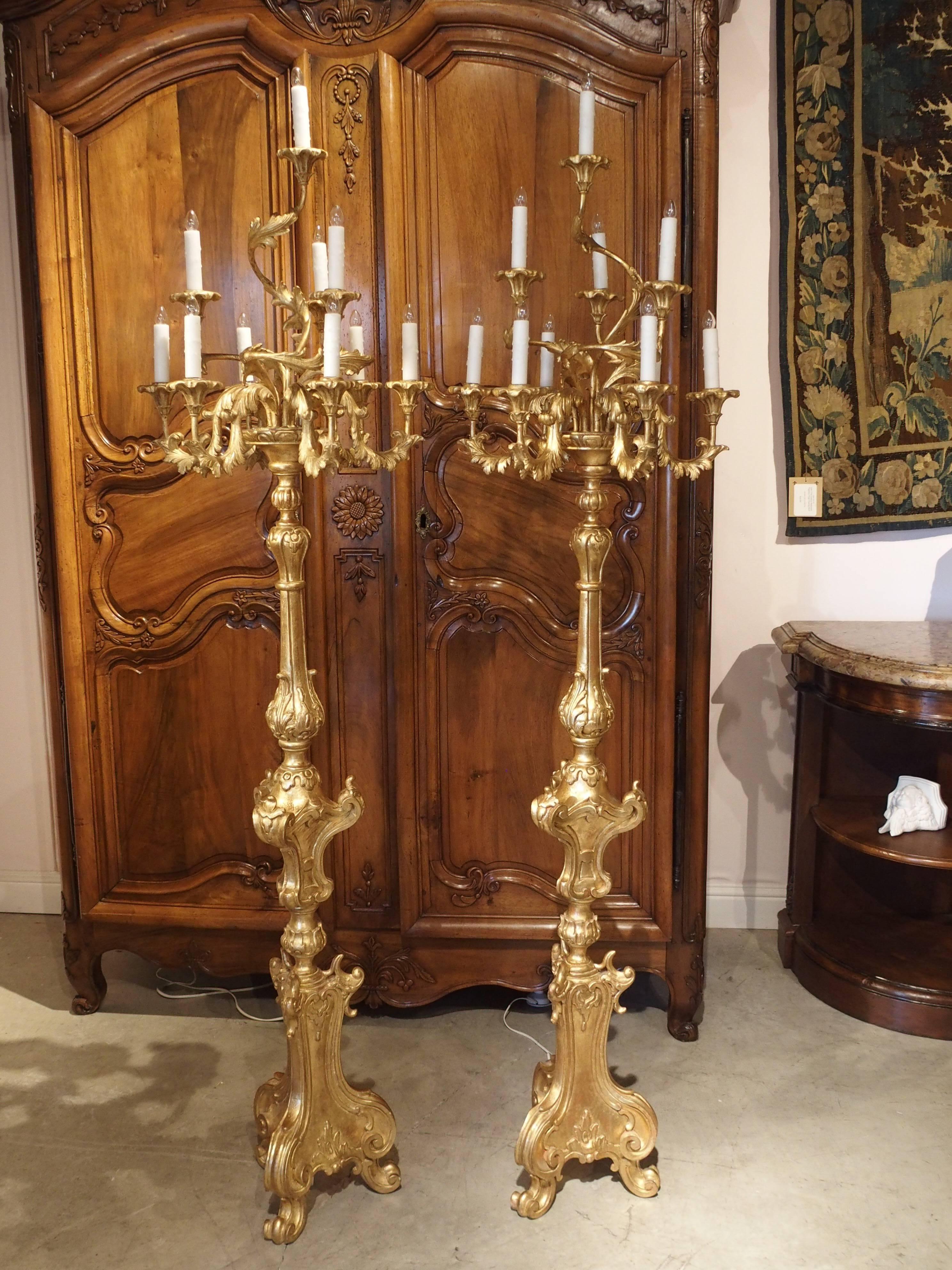 Tall Pair of Louis XV Style Giltwood Torcheres from Italy 4