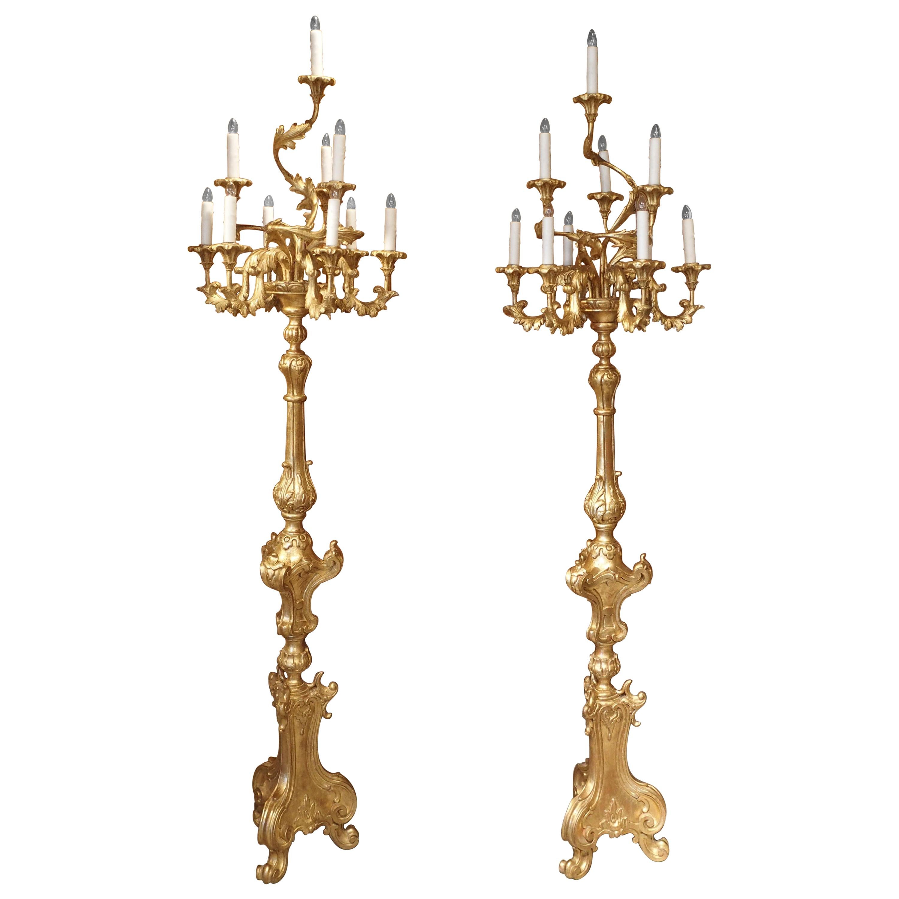 Tall Pair of Louis XV Style Giltwood Torcheres from Italy