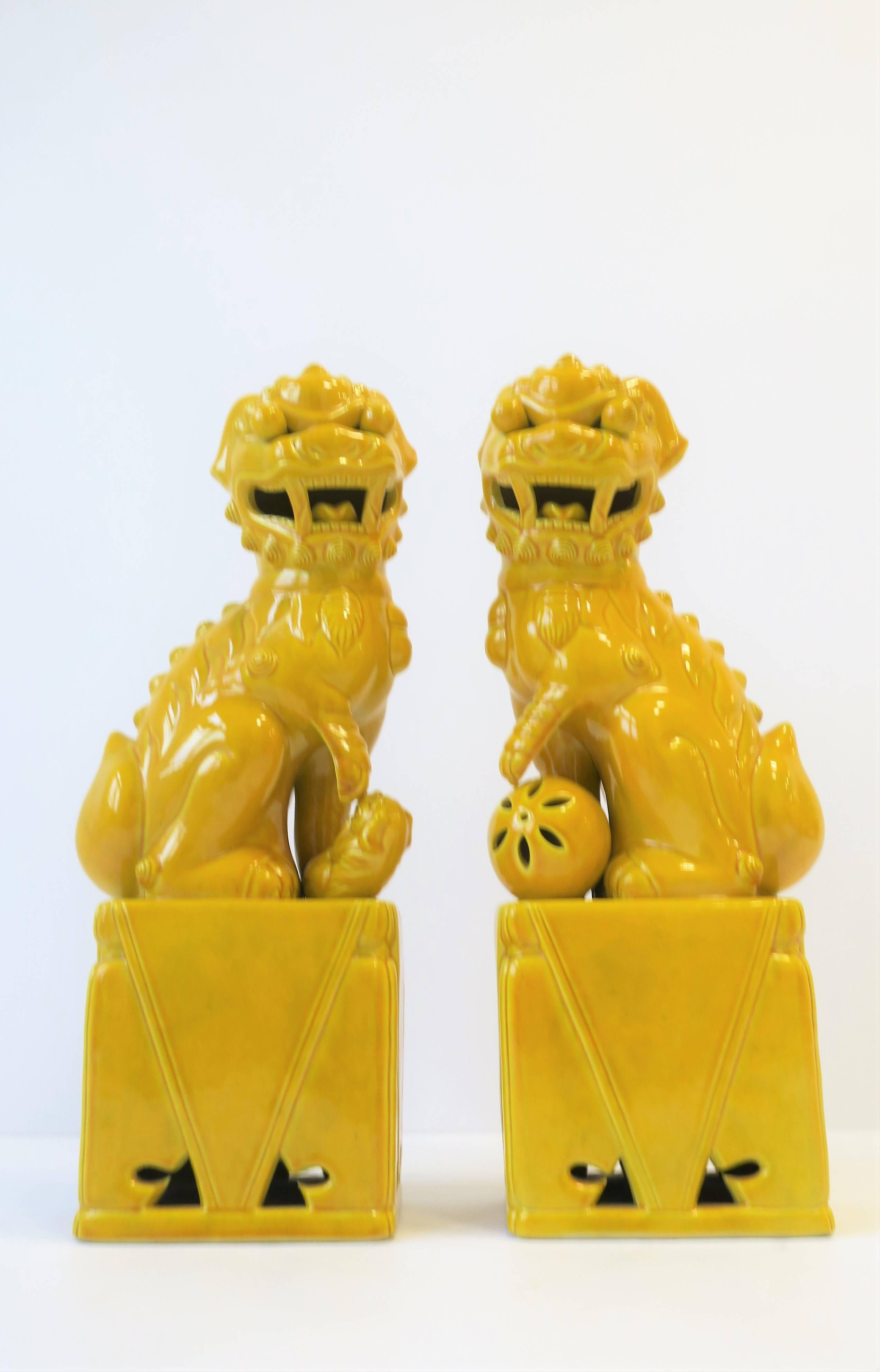 Pair of Tall Midcentury Yellow Foo Dogs or Lion Sculptures  3