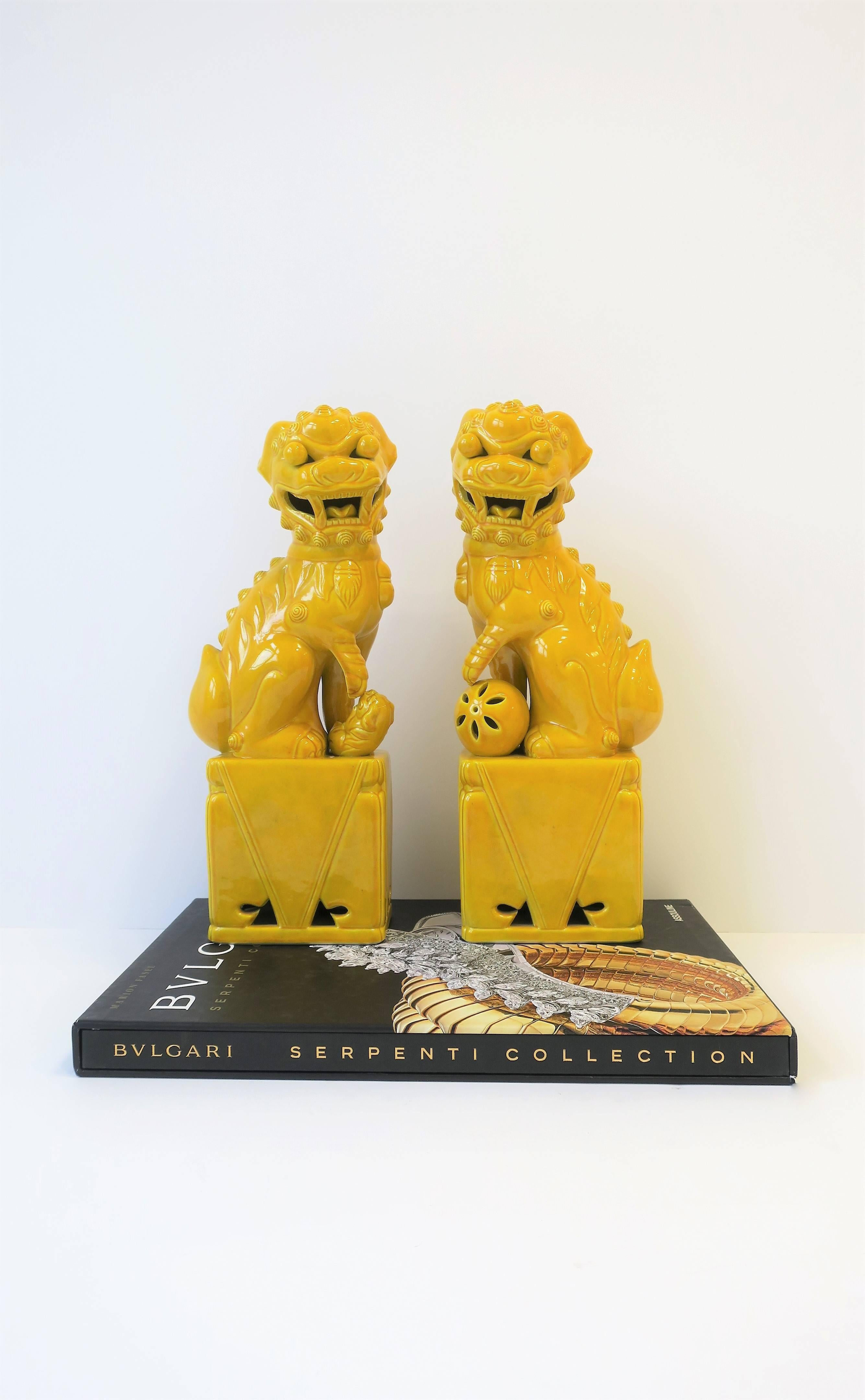Pair of Tall Midcentury Yellow Foo Dogs or Lion Sculptures  4