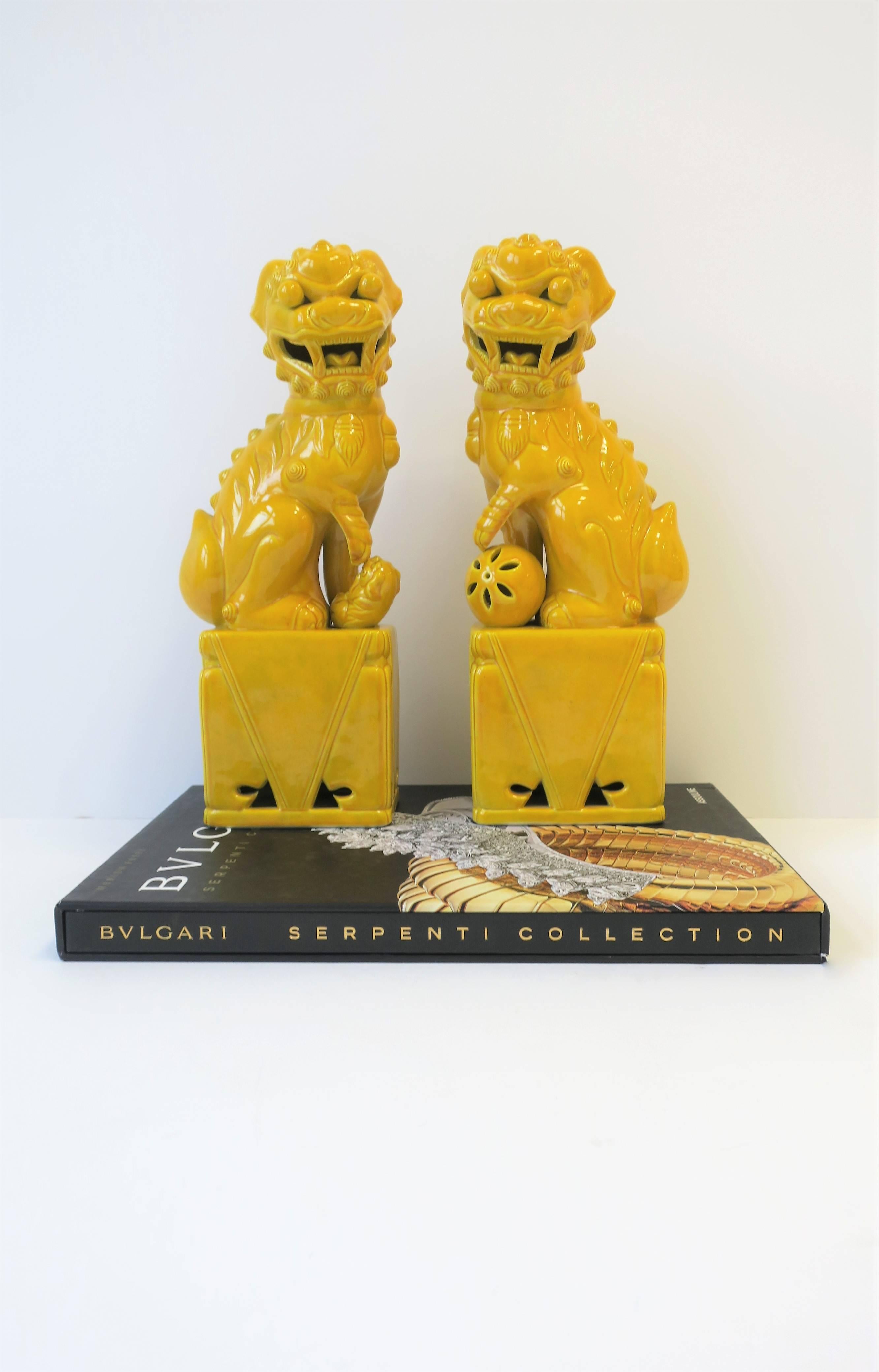 Pair of Tall Midcentury Yellow Foo Dogs or Lion Sculptures  5