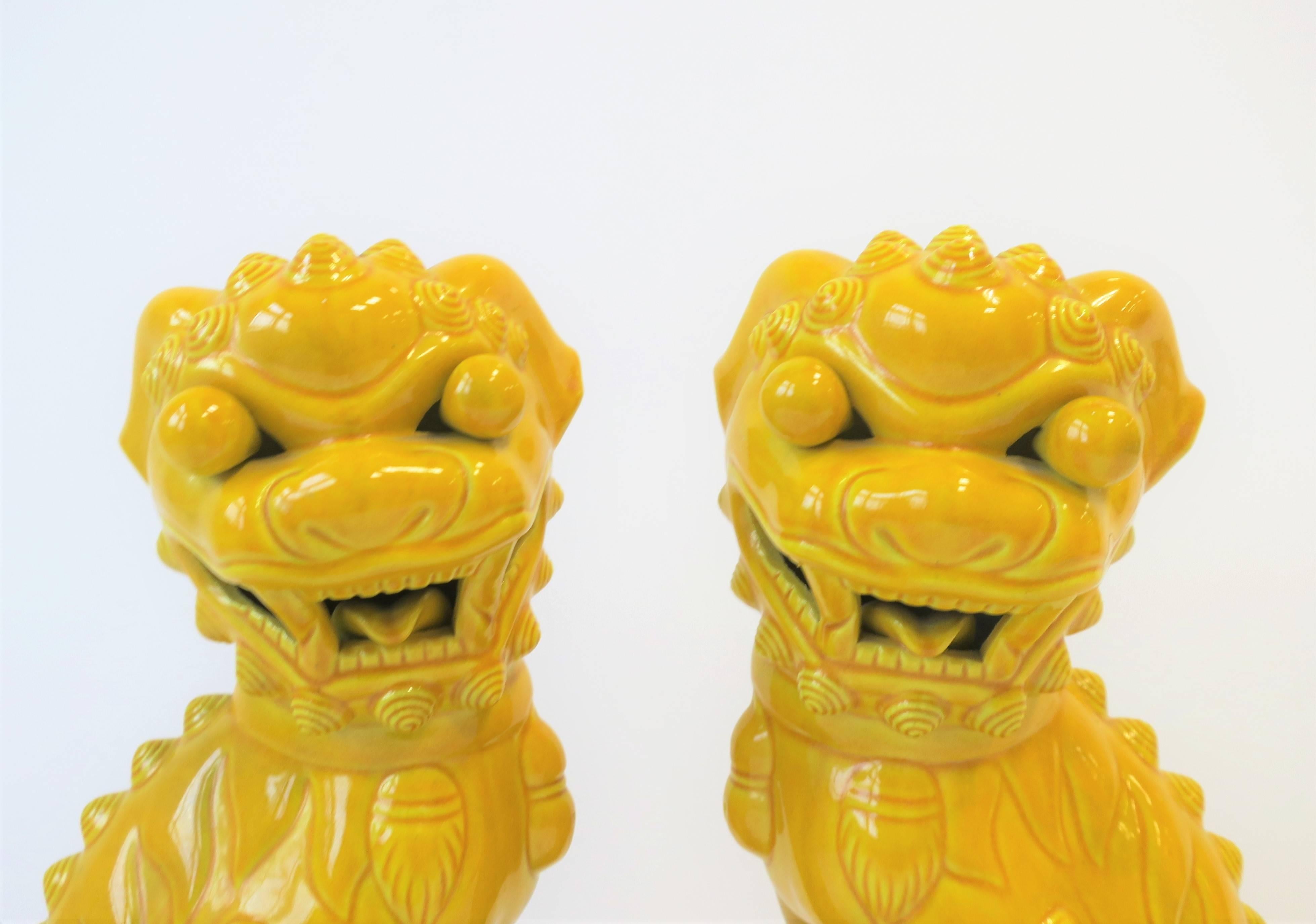 Pair of Tall Midcentury Yellow Foo Dogs or Lion Sculptures  7