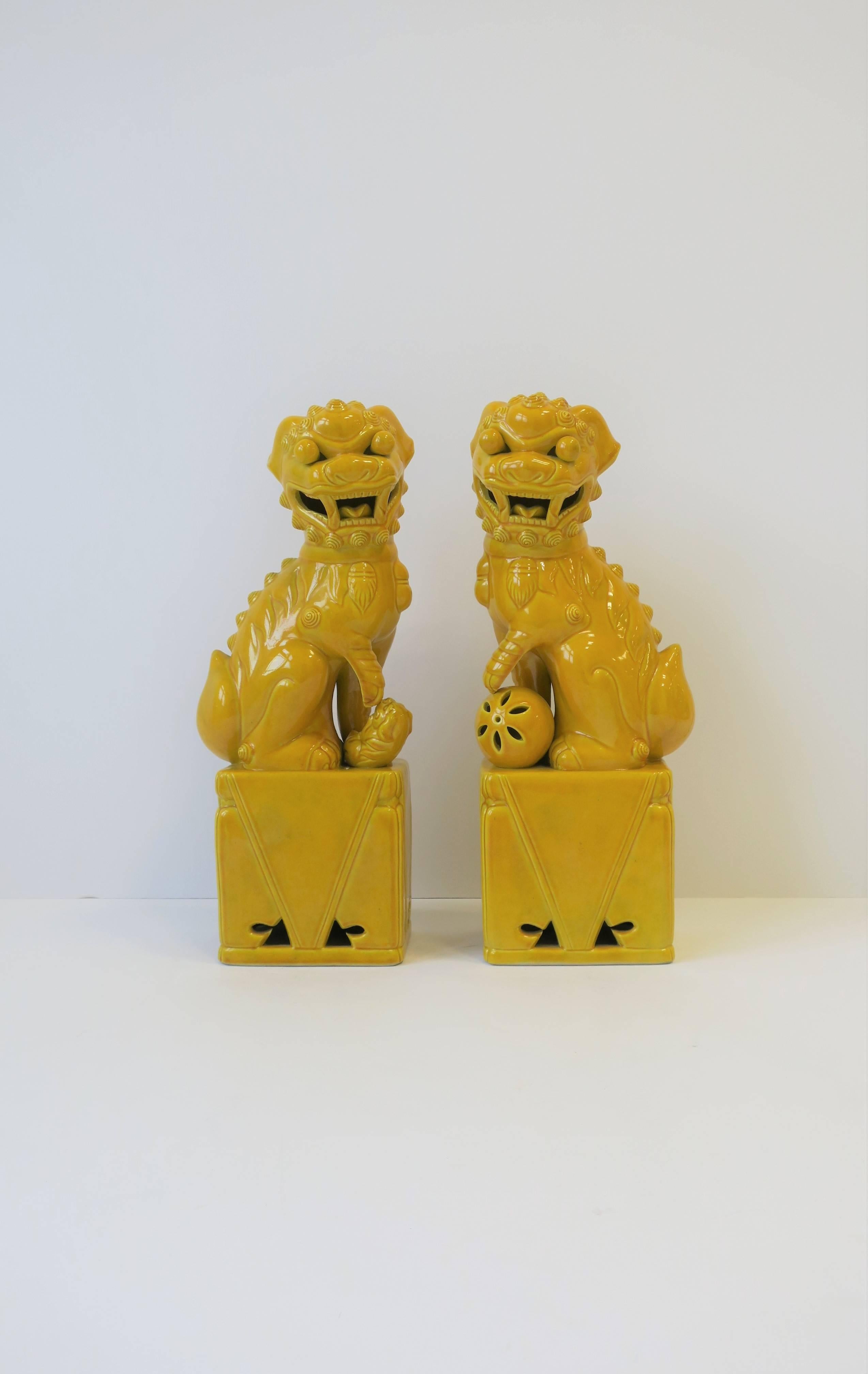 Glazed Pair of Tall Midcentury Yellow Foo Dogs or Lion Sculptures 