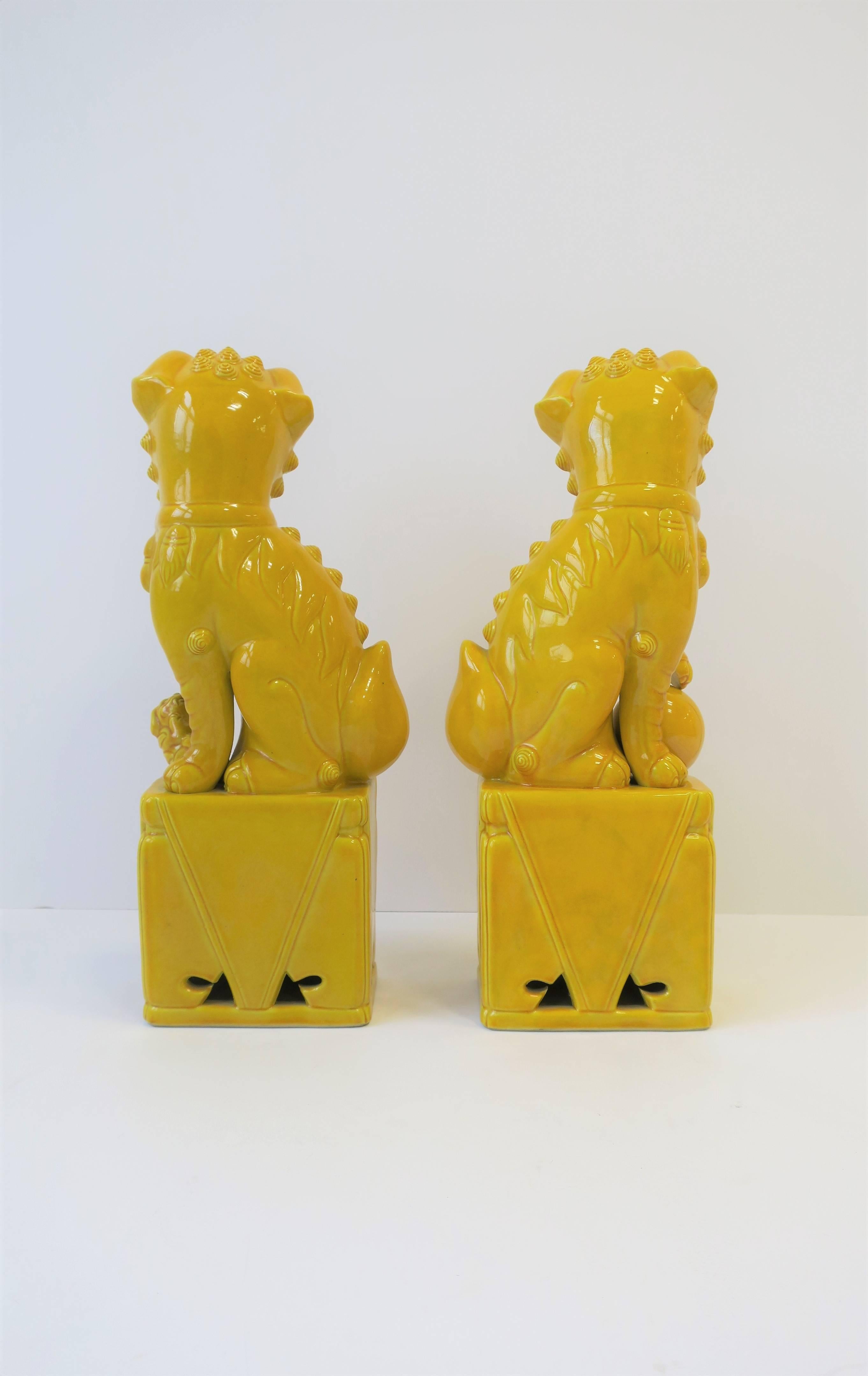 Pair of Tall Midcentury Yellow Foo Dogs or Lion Sculptures  1
